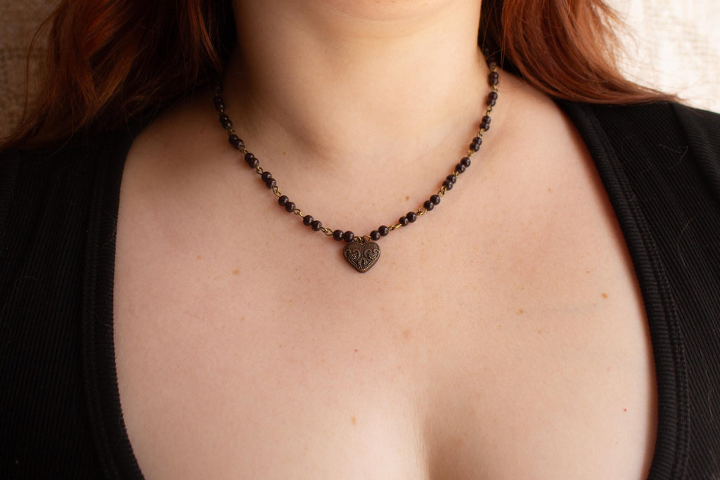 Vintage Inspired Hand Beaded Necklace with Vintage Heart Pendant – Romantic Statement Jewelry