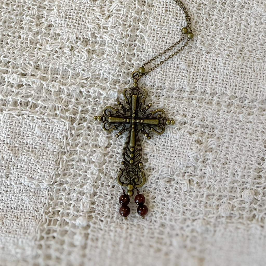 Vintage Inspired Bronze Cross Pendant Necklace With Garnet Bead Drops