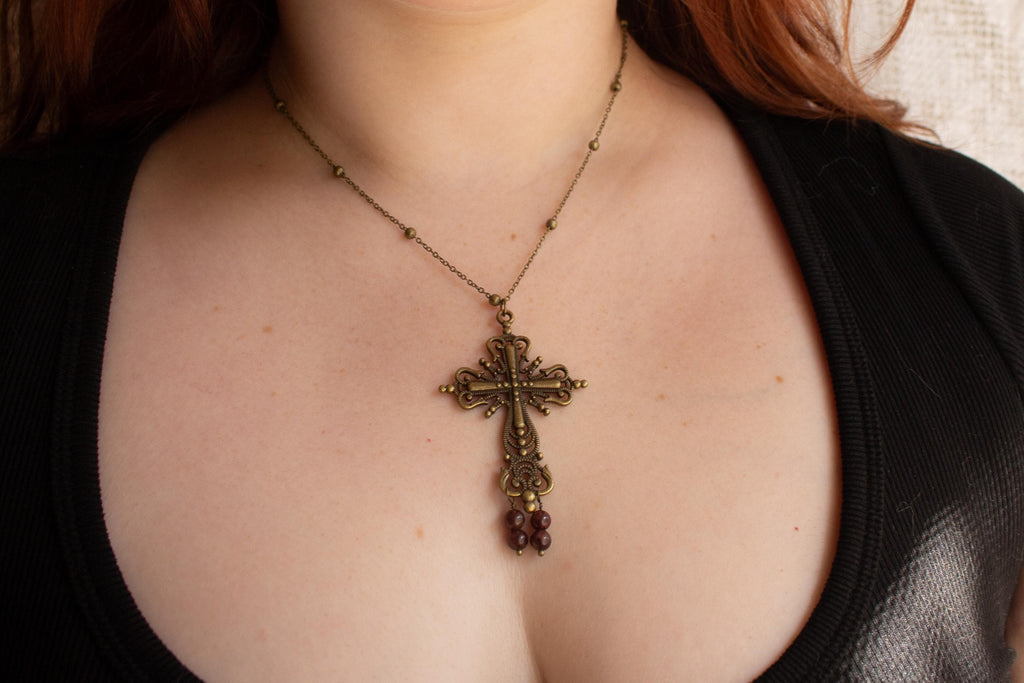 Vintage Inspired Bronze Cross Pendant Necklace With Garnet Bead Drops