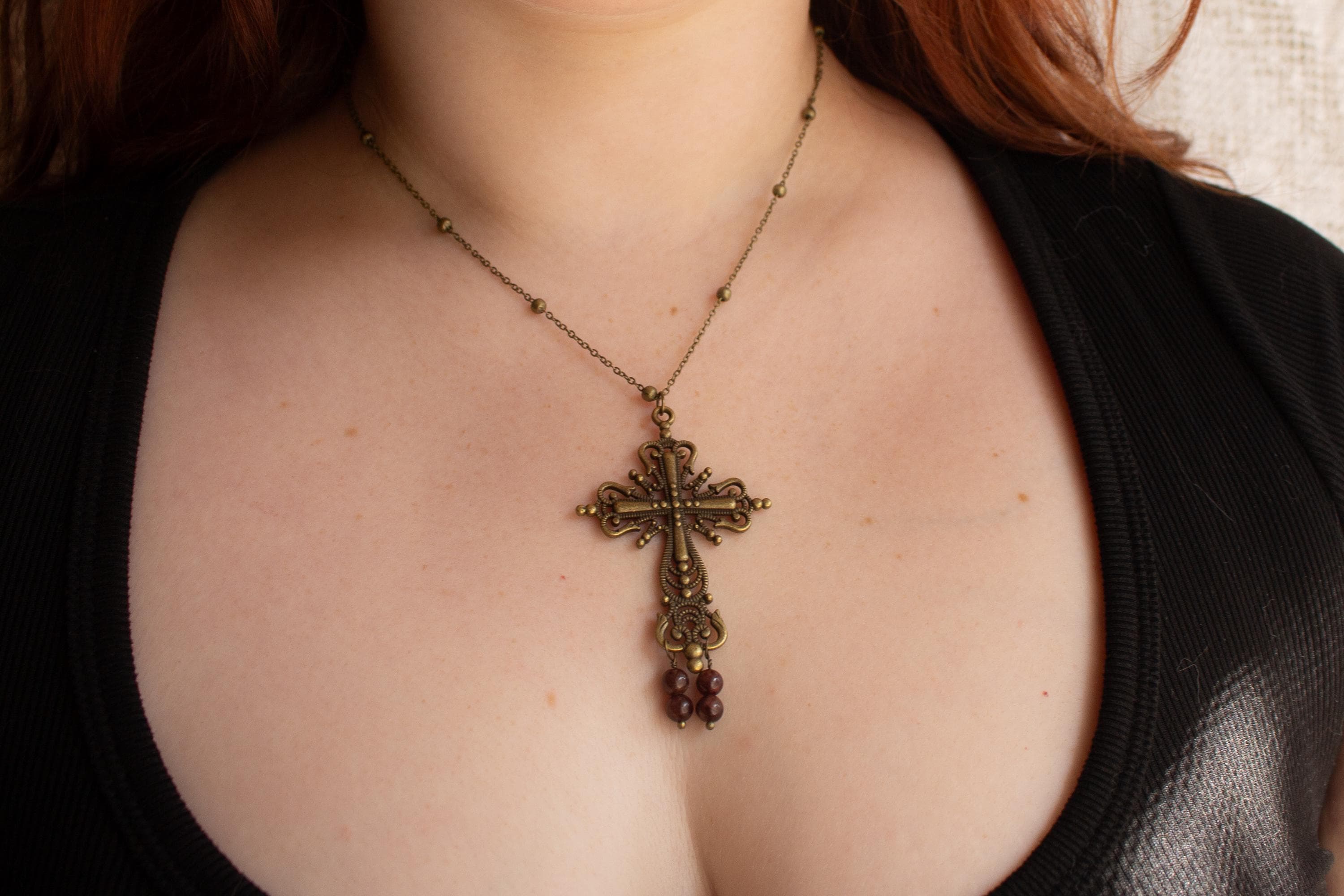 Vintage Inspired Bronze Cross Pendant Necklace With Garnet Bead Drops