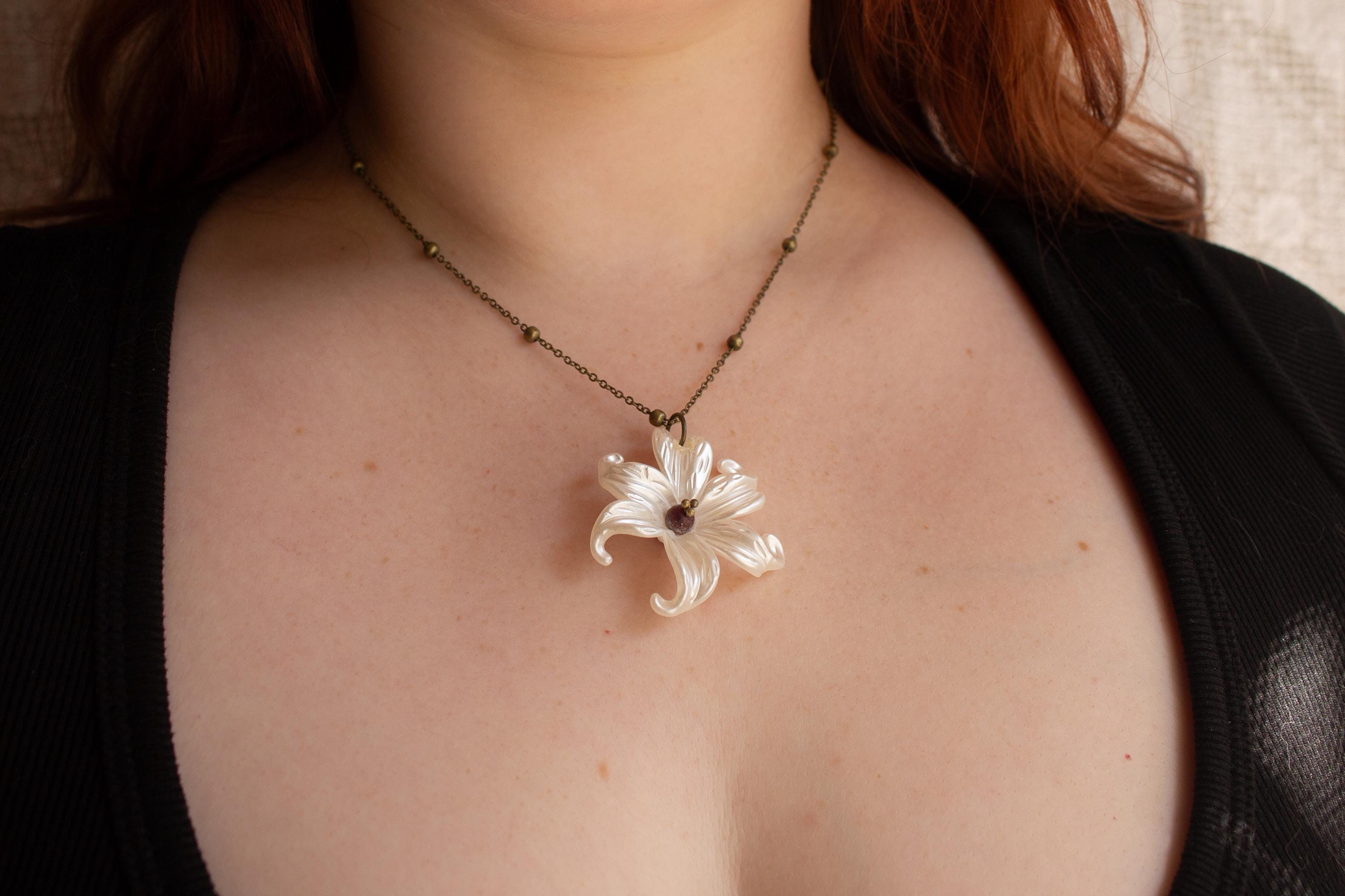 Vintage Inspired Bronze Chain White Lily Pendant Necklace – Art Nouveau Floral Jewelry