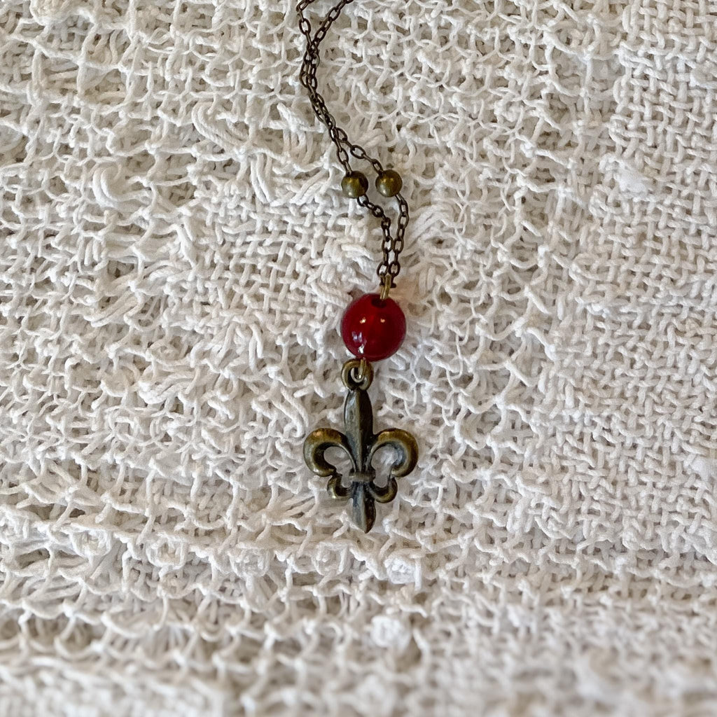 Vintage Inspired Bronze Chain Red Bead Fleur de Lis Necklace