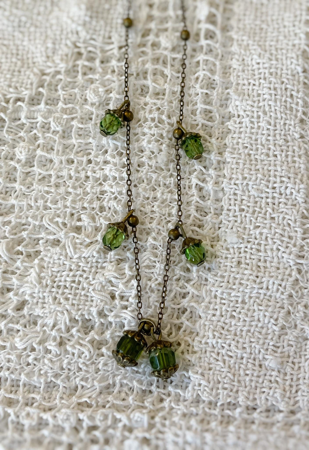 Vintage Inspired Bronze Necklace with Green Lantern-Inspired Drops