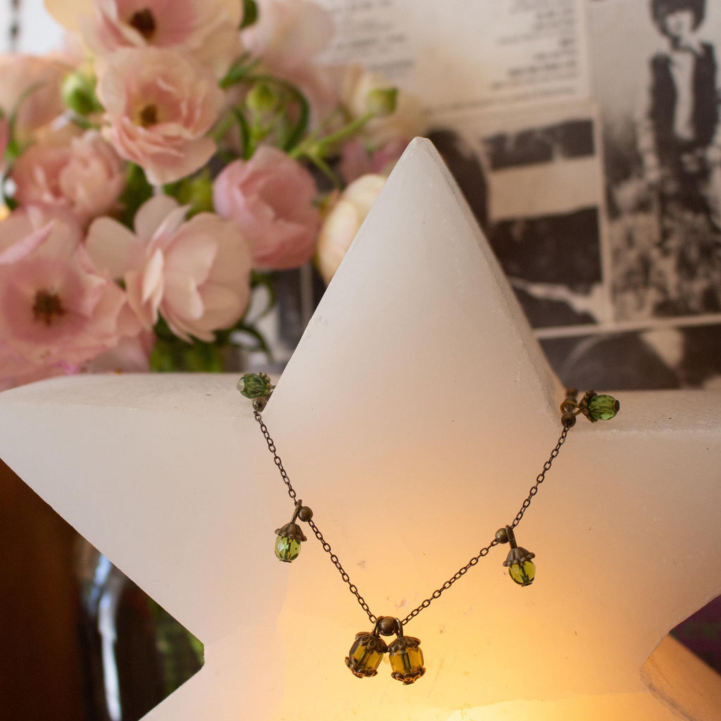 Vintage Inspired Bronze Necklace with Green Lantern-Inspired Drops