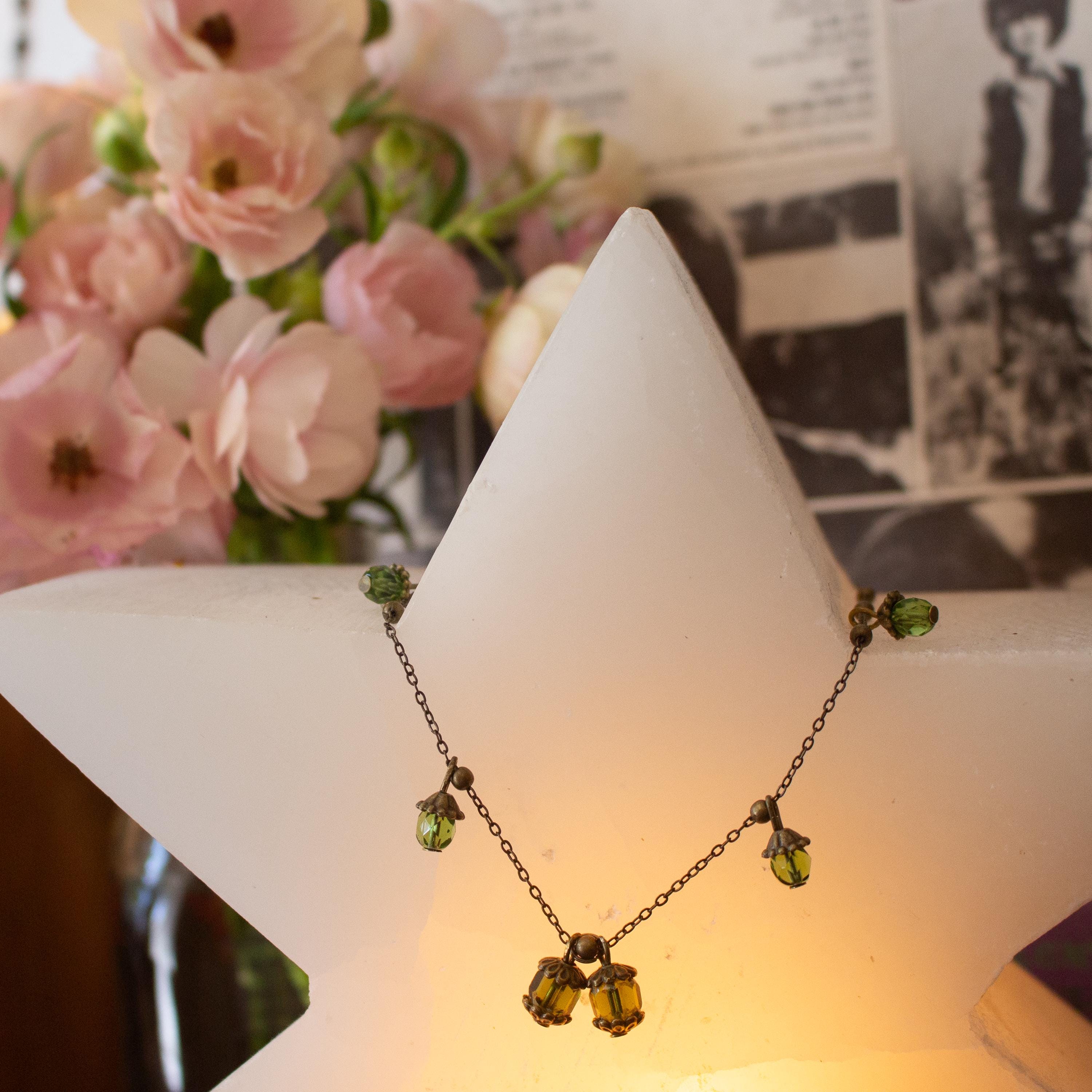 Vintage Inspired Bronze Necklace with Green Lantern-Inspired Drops