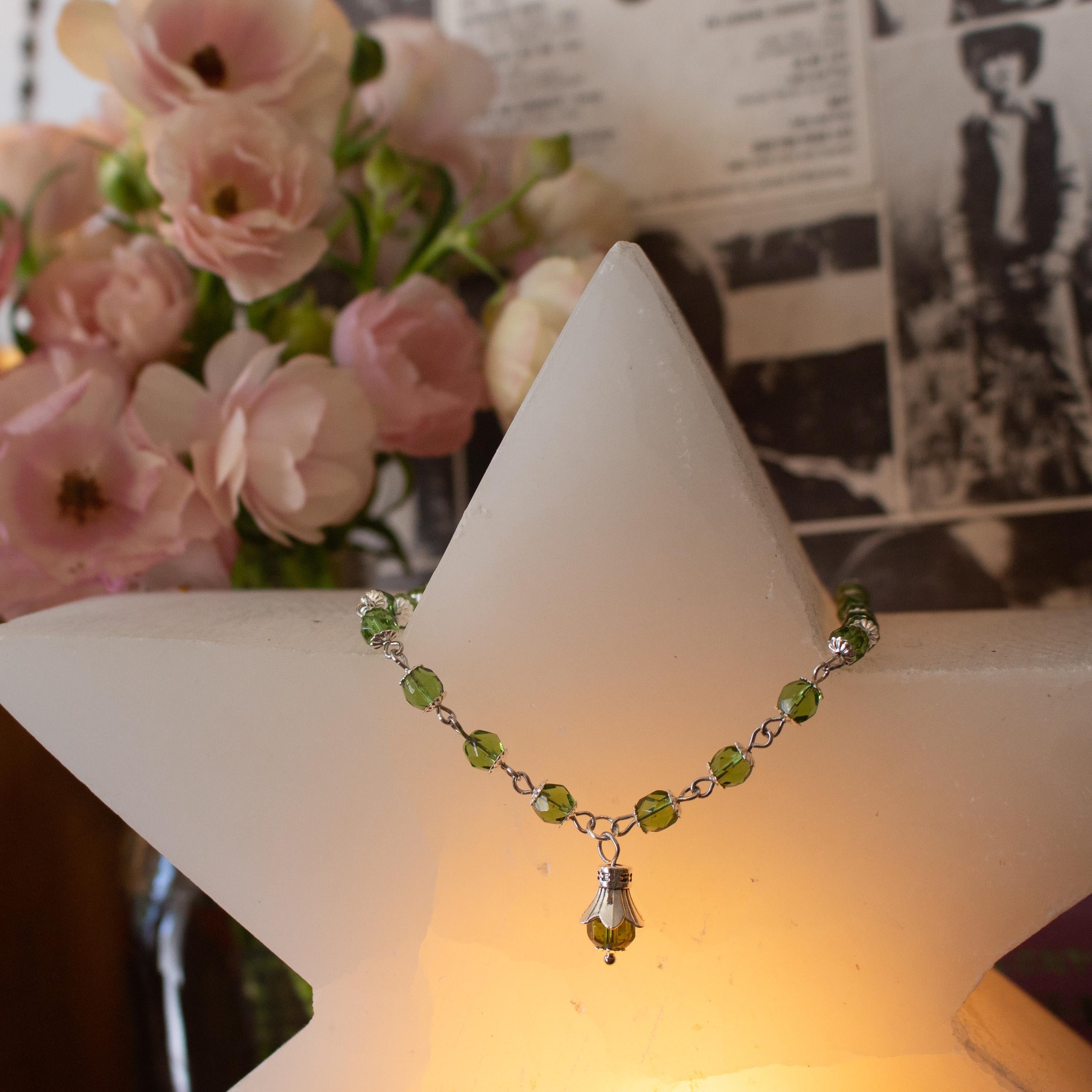 Green and Silver Beaded Necklace with Drop Pendant – Vintage Inspired Statement Jewelry