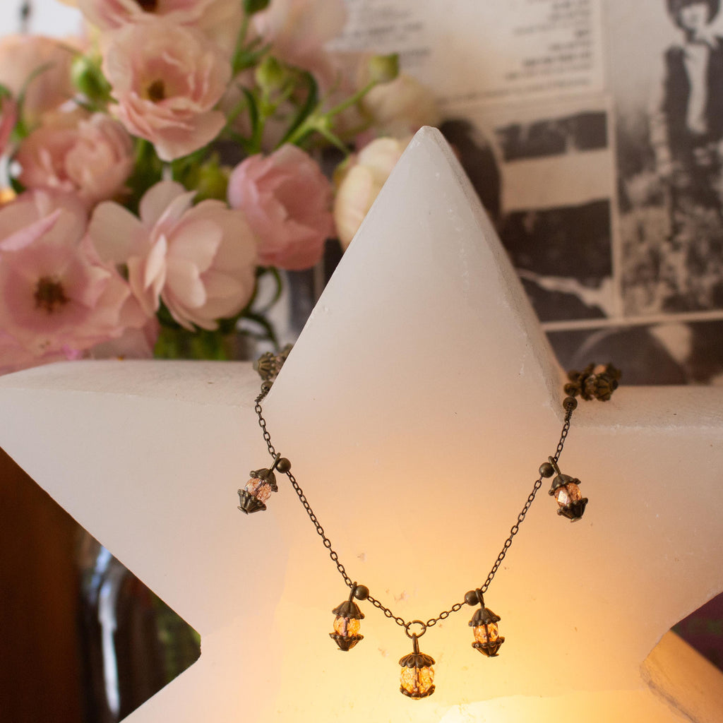 Vintage Inspired Bronze Necklace with Pink Lantern-Inspired Drops