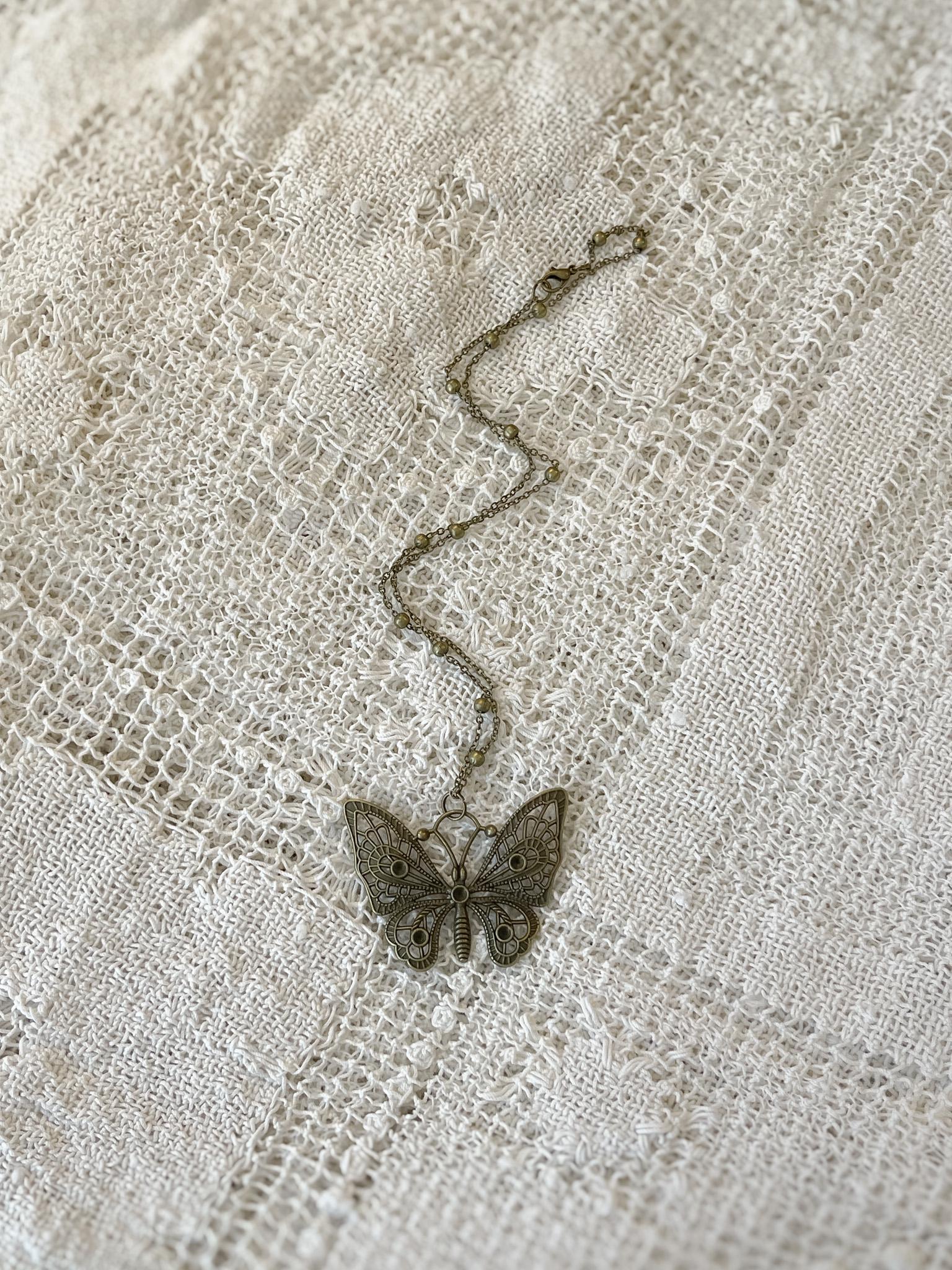 Vintage Inspired Bronze Butterfly Pendant Necklace - Art Nouveau Gothic Jewelry