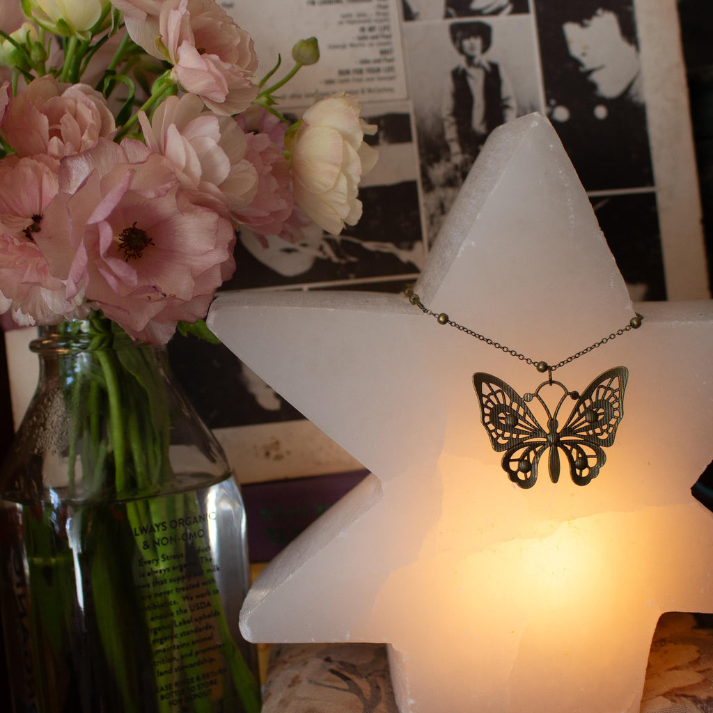 Vintage Inspired Bronze Butterfly Pendant Necklace - Art Nouveau Gothic Jewelry