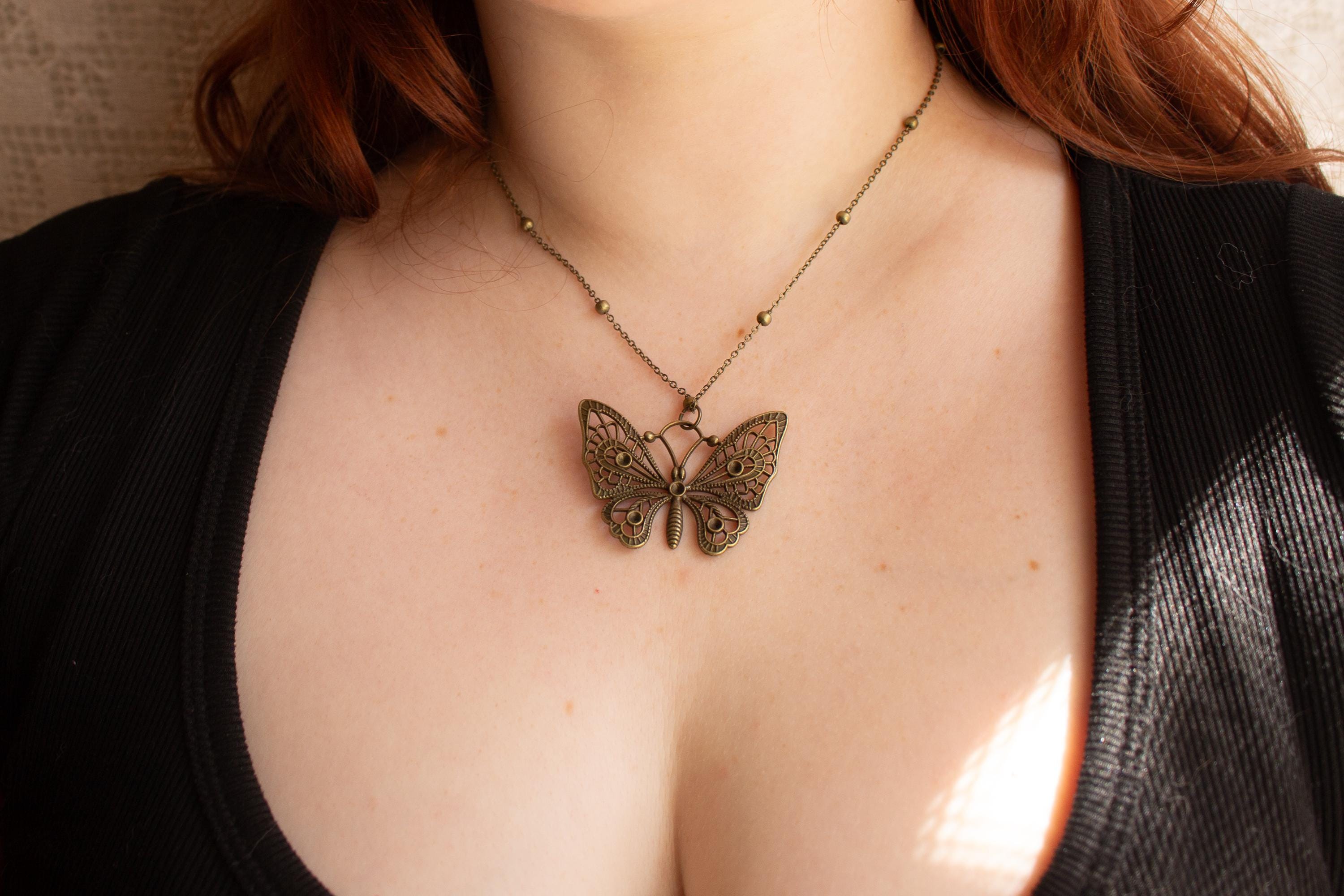 Vintage Inspired Bronze Butterfly Pendant Necklace - Art Nouveau Gothic Jewelry