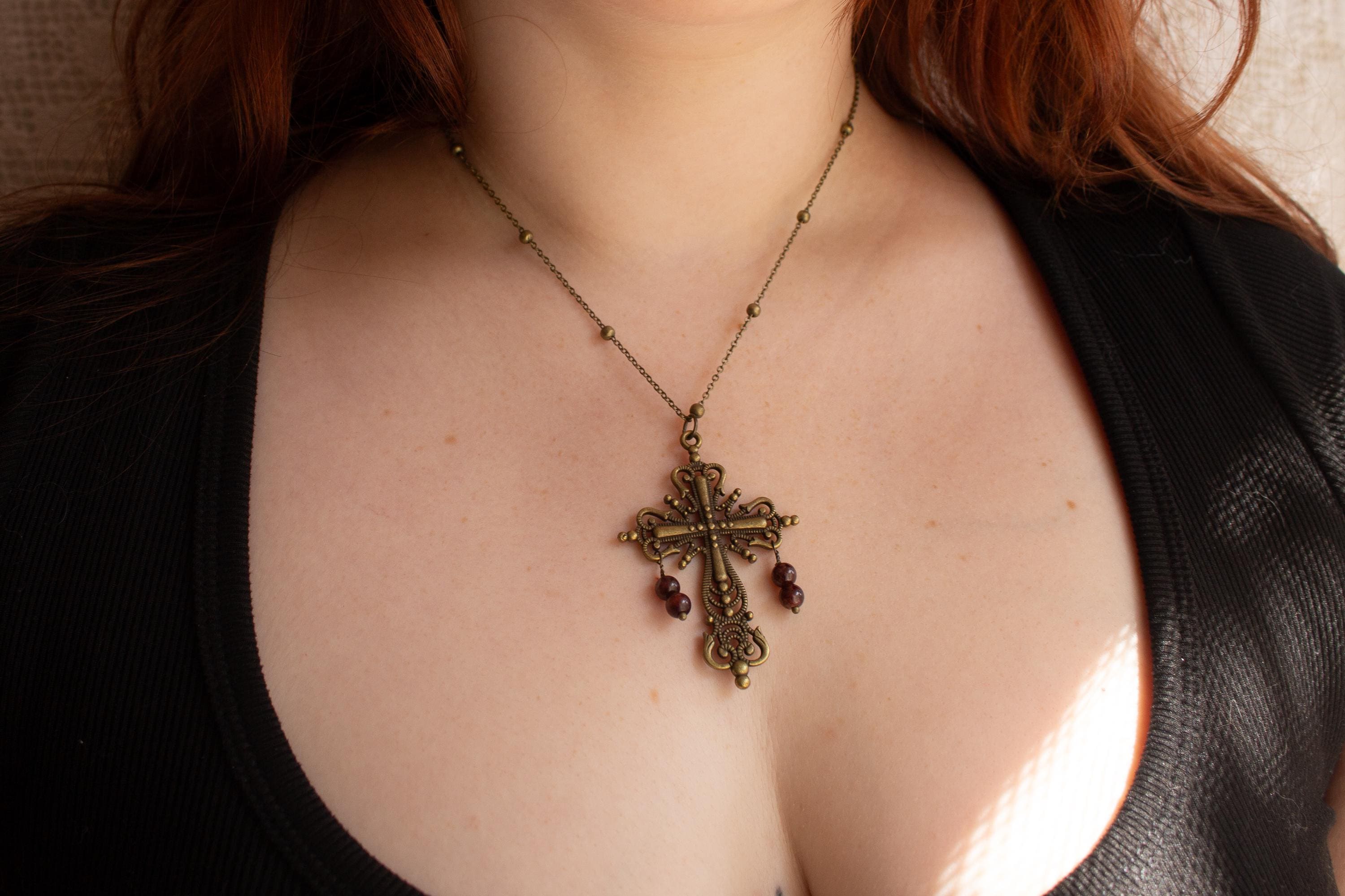 Vintage Inspired Bronze Cross Pendant Necklace With Garnet Bead Drops