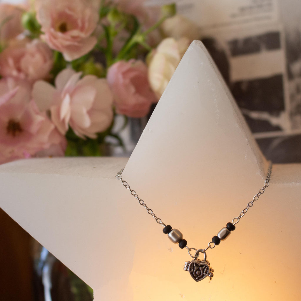 Sterling Silver Chain and Black Bead Locket Box Pendant Necklace