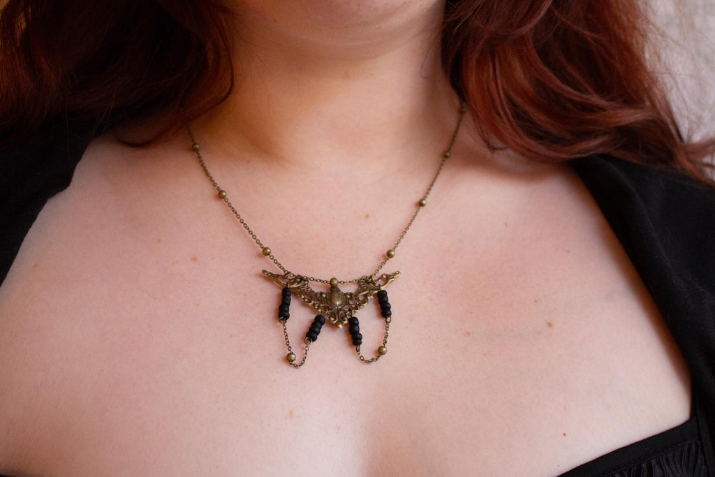Art Nouveau Bronze Filigree Necklace ⋆ Vintage Inspired Black Bead Pendant with Draping Chains ⋆
