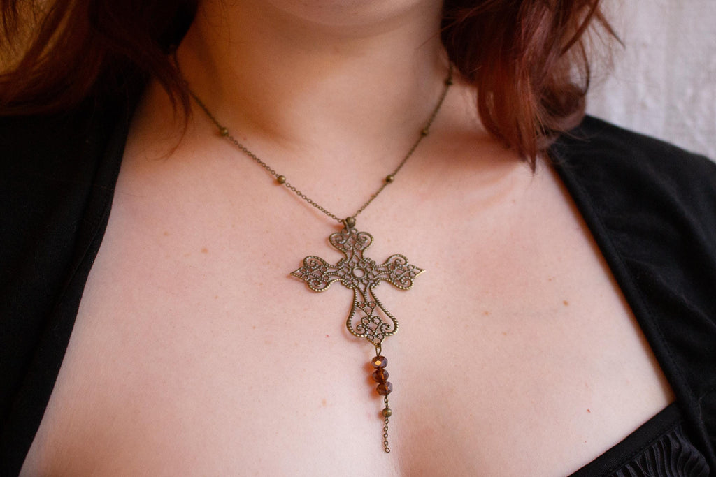 Vintage Art Nouveau Inspired Bronze Filigree Cross Necklace ⋆ Three Purple Bead Drop Pendant