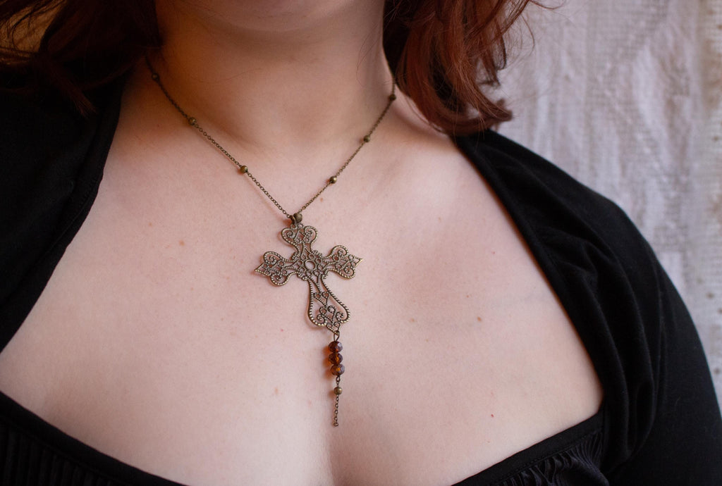 Vintage Art Nouveau Inspired Bronze Filigree Cross Necklace ⋆ Three Purple Bead Drop Pendant