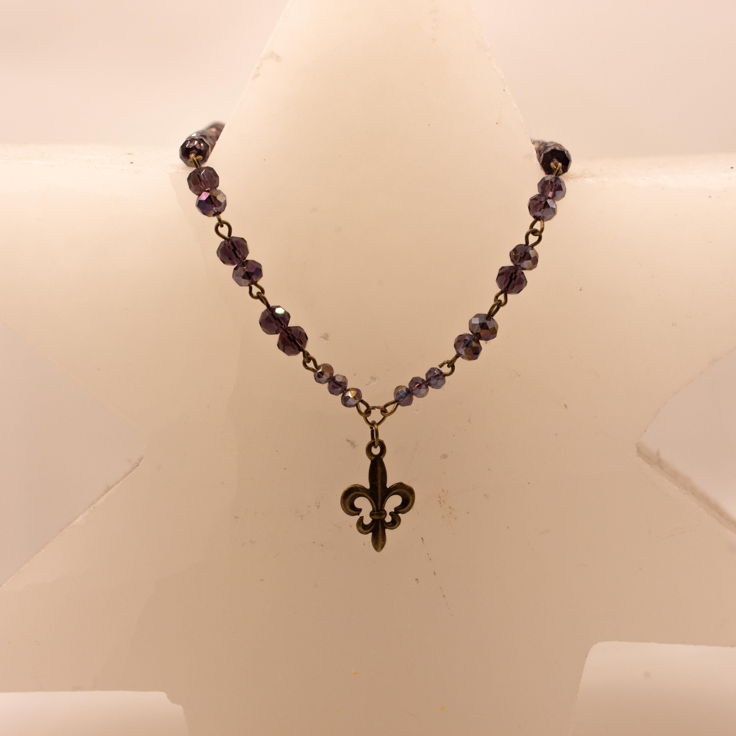 Vintage Inspired Purple Beaded Fleur-de-Lis Necklace