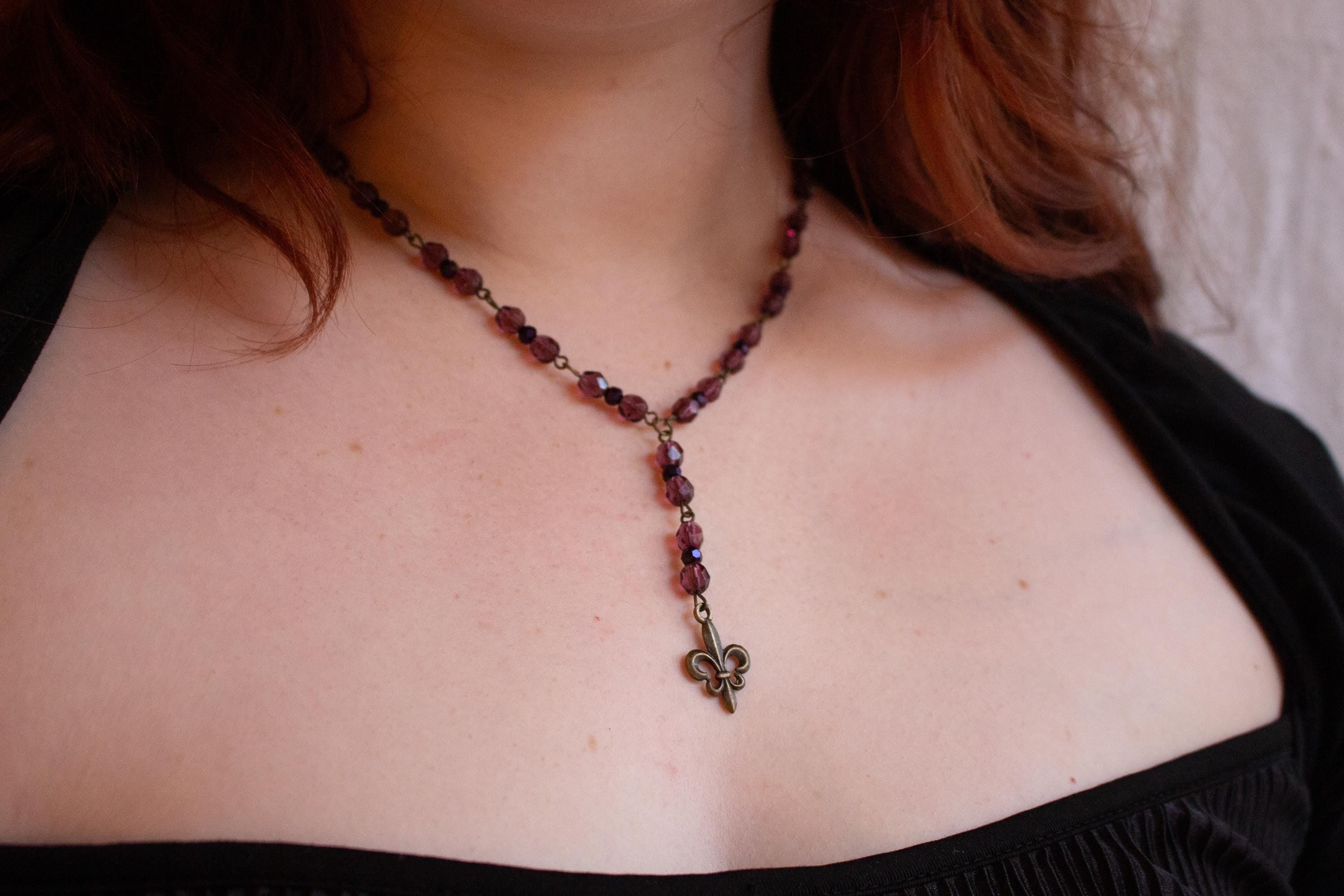 Vintage Inspired Light and Dark Purple Beaded Fleur-de-Lis Necklace