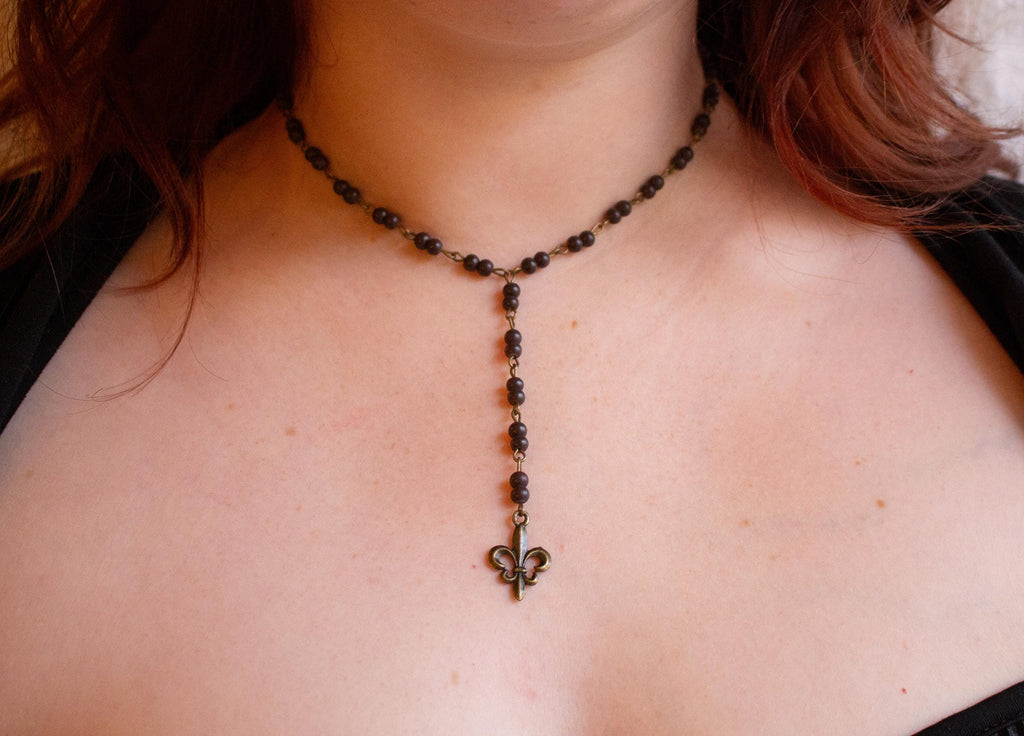 Vintage Inspired Dark Purple Beaded Drop Fleur-de-Lis Necklace