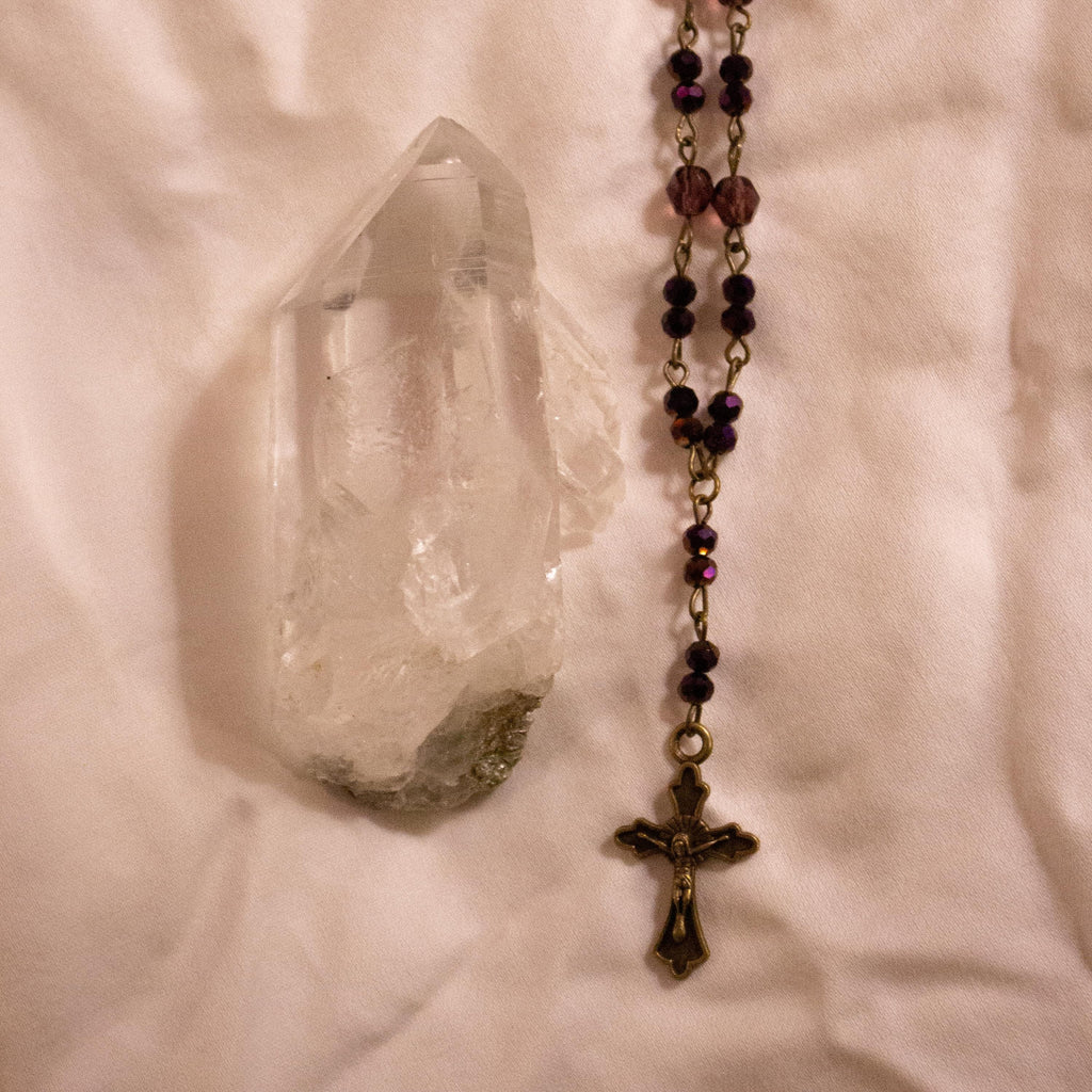 Vintage Inspired Purple Glass Beaded Rosary Necklace ⋆ Bronze Cross Pendant Drop