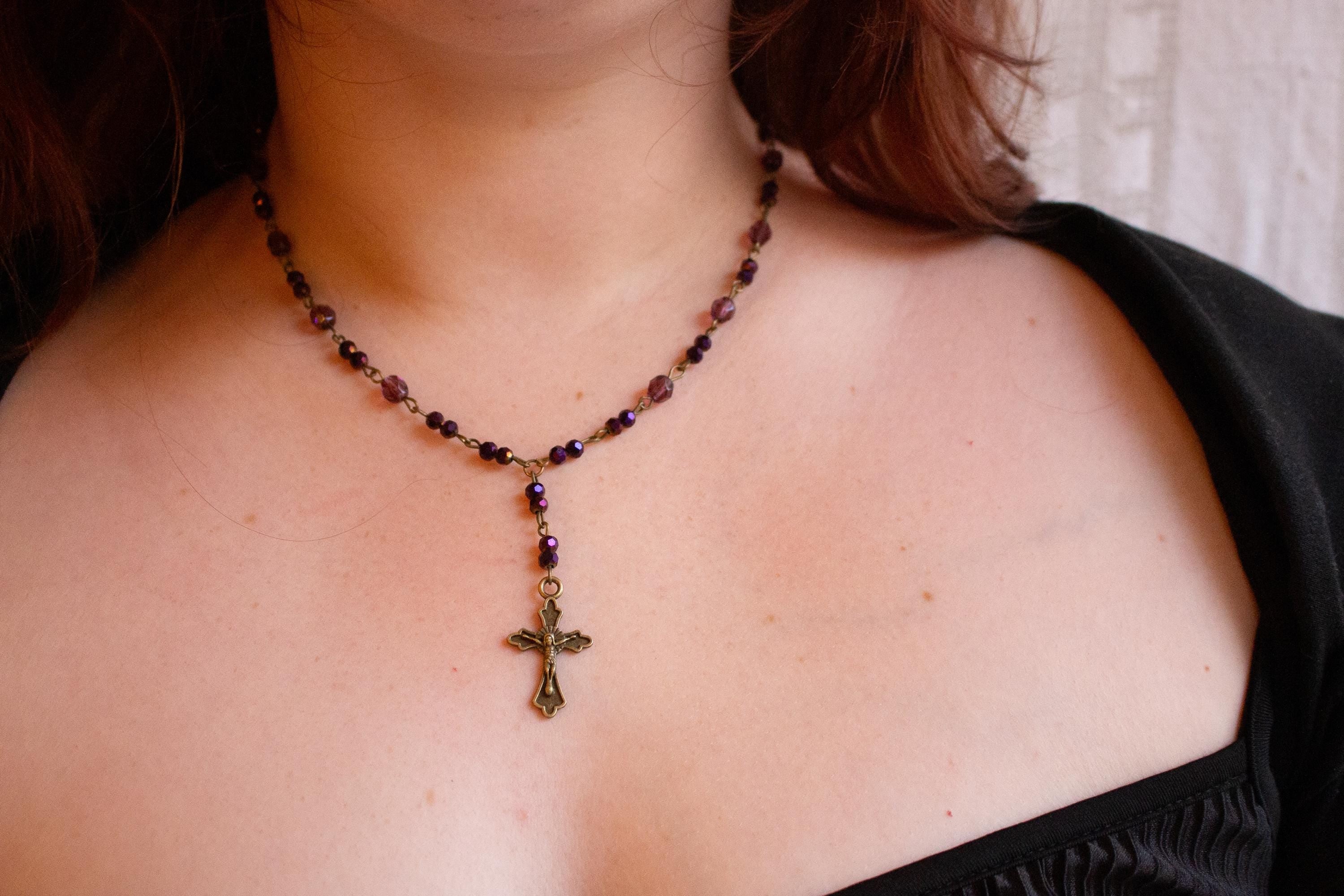 Vintage Inspired Purple Glass Beaded Rosary Necklace ⋆ Bronze Cross Pendant Drop