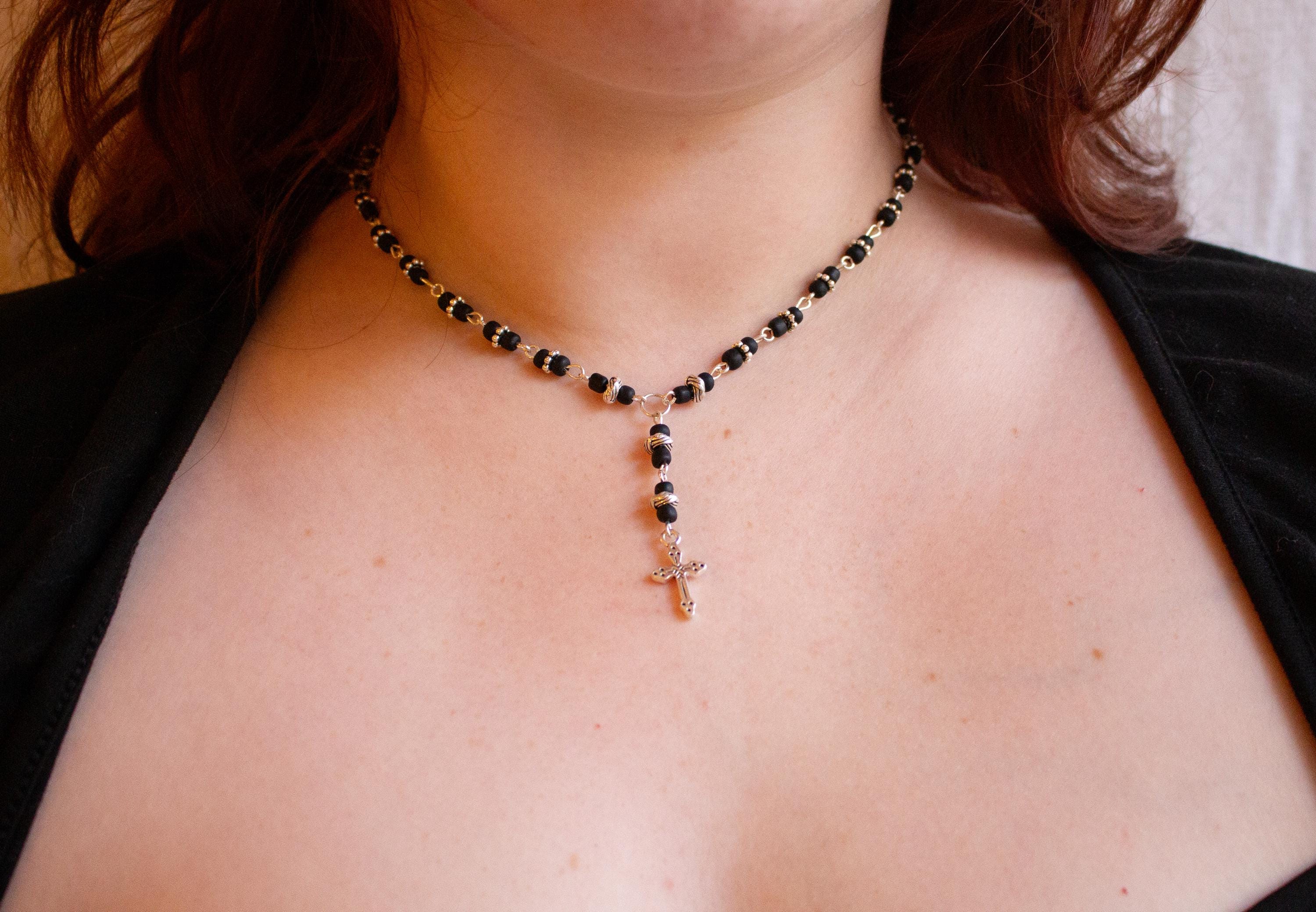 Silver Cross Pendant Necklace ⋆ Vintage Inspired Handmade Black Beaded Rosary-Style Jewelry