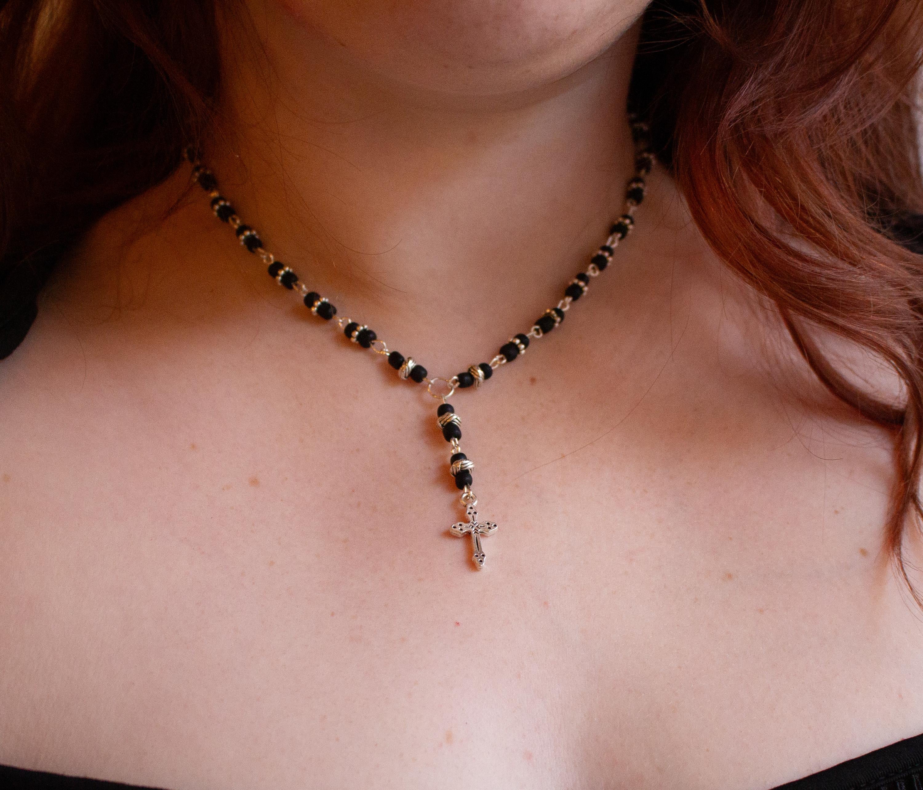 Silver Cross Pendant Necklace ⋆ Vintage Inspired Handmade Black Beaded Rosary-Style Jewelry