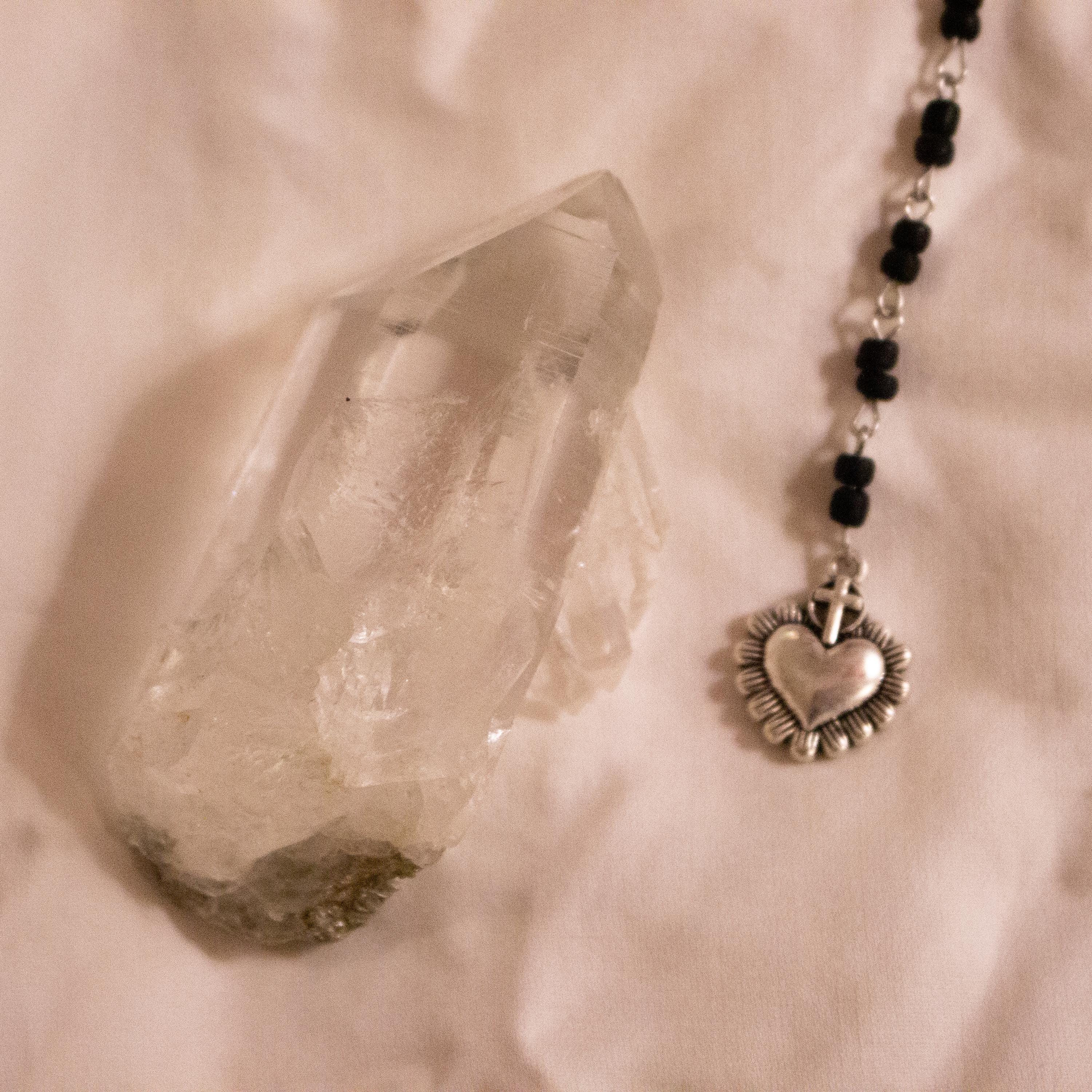 Heart Crown Cross Pendant Necklace ⋆ Vintage Inspired Handmade Black Beaded Rosary-Style Jewelry