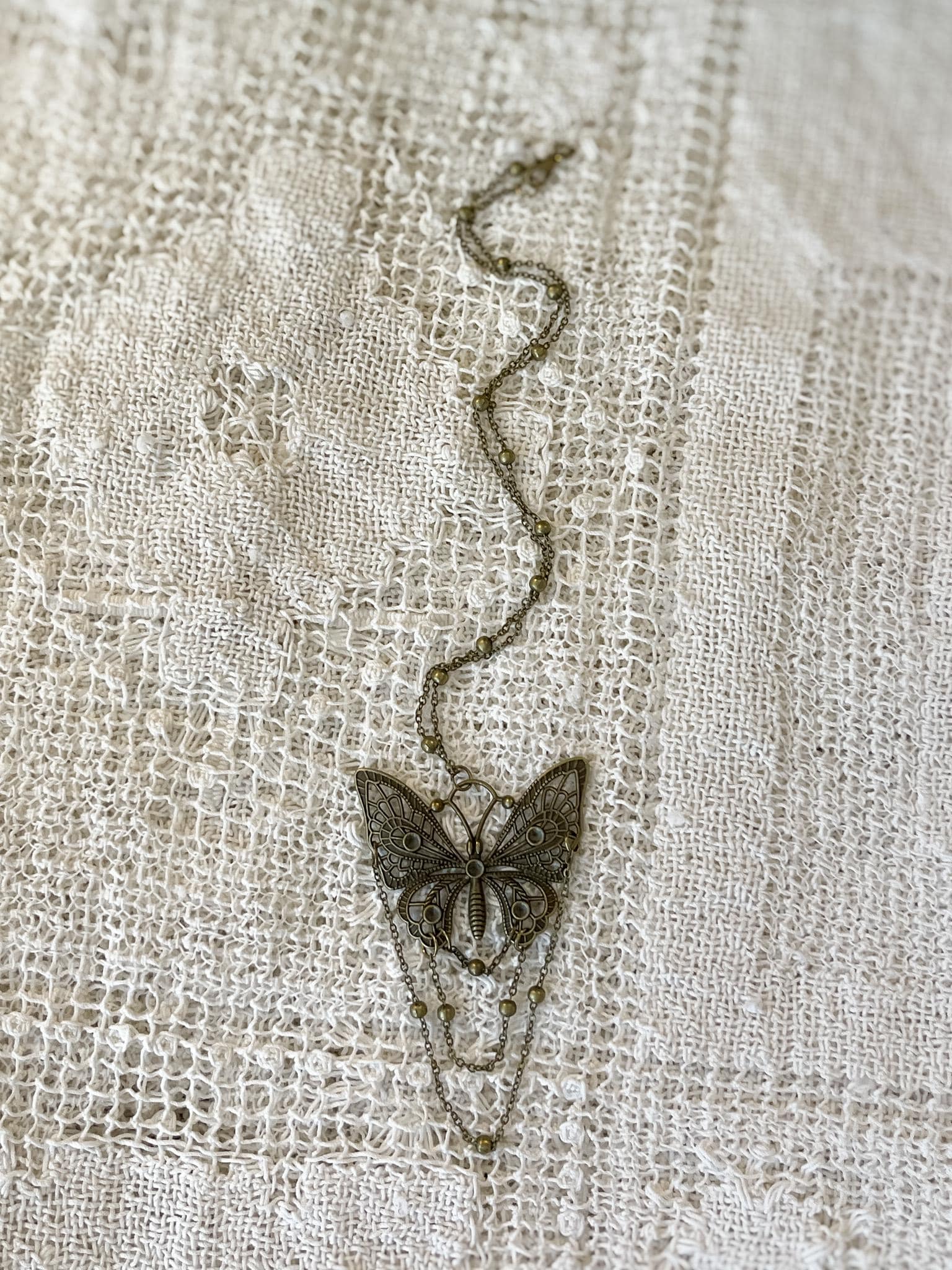 Bronze Butterfly Pendant Necklace: Art Nouveau Draped Chain Jewelry