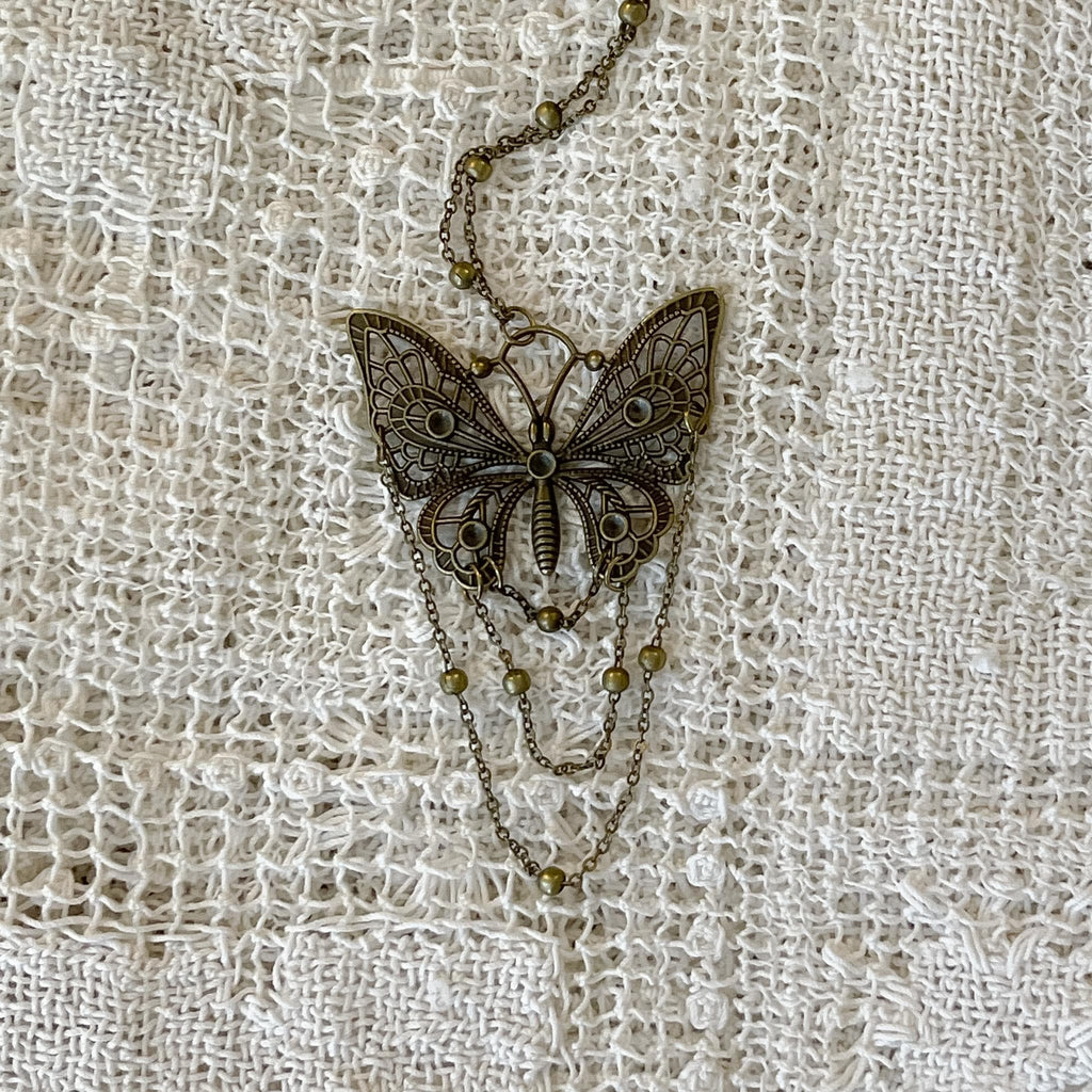 Bronze Butterfly Pendant Necklace: Art Nouveau Draped Chain Jewelry