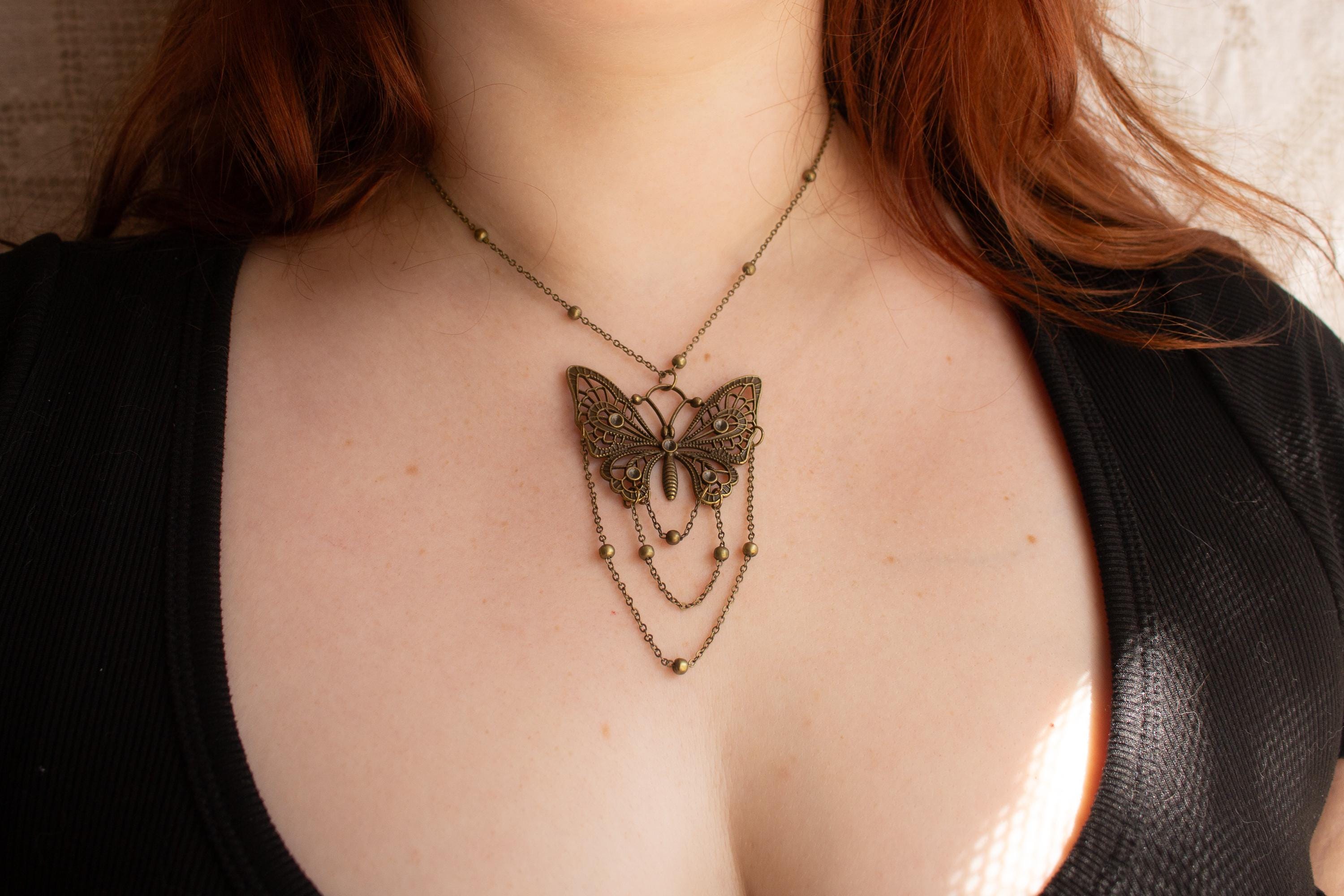 Bronze Butterfly Pendant Necklace: Art Nouveau Draped Chain Jewelry