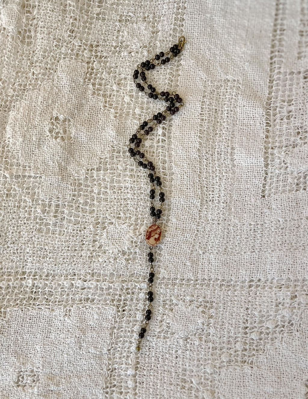 Vintage Inspired Beaded Rosary Y-Style Drop Necklace with Cameo Pendant – Gothic Victorian Statement Jewelry