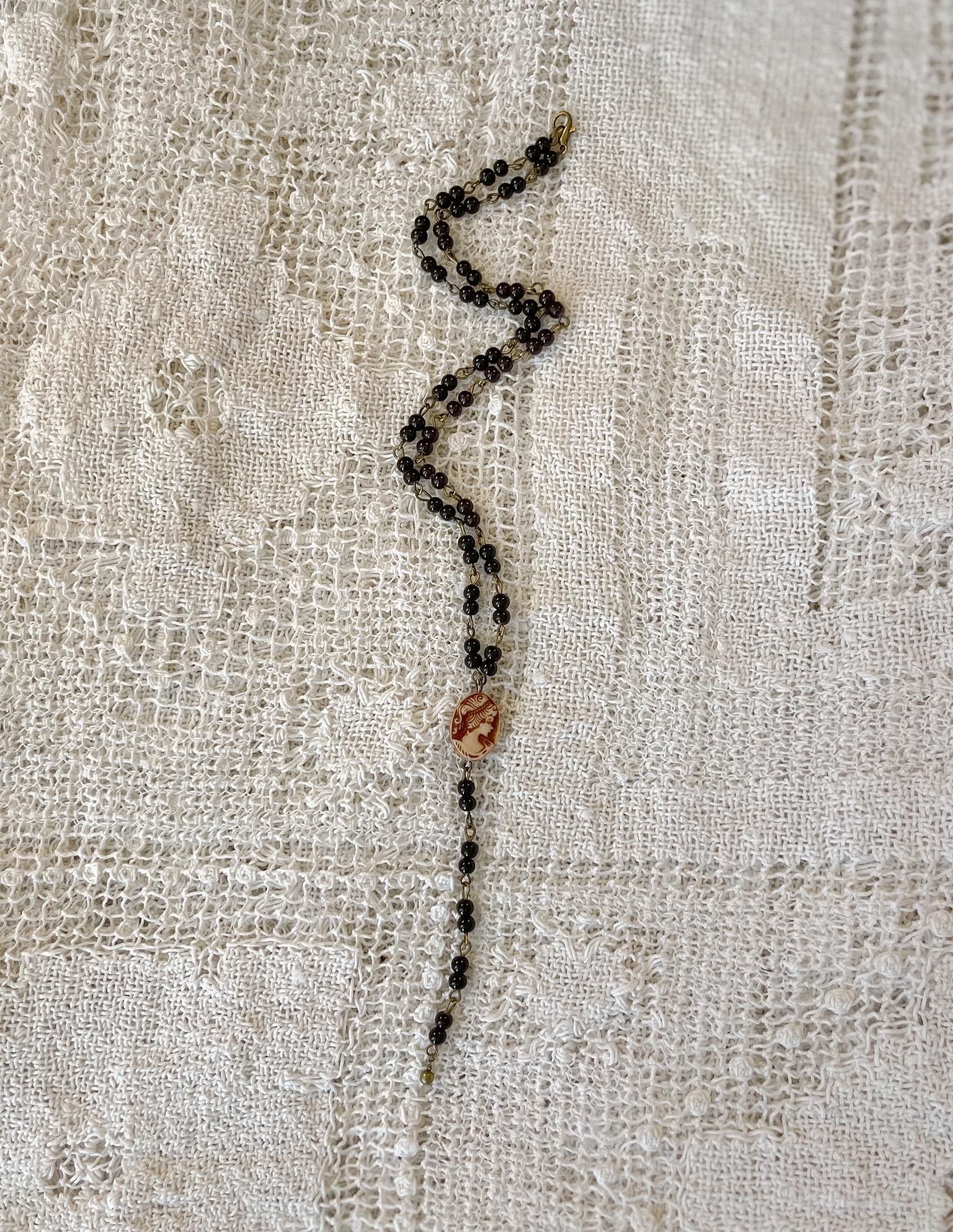 Vintage Inspired Beaded Rosary Y-Style Drop Necklace with Cameo Pendant – Gothic Victorian Statement Jewelry