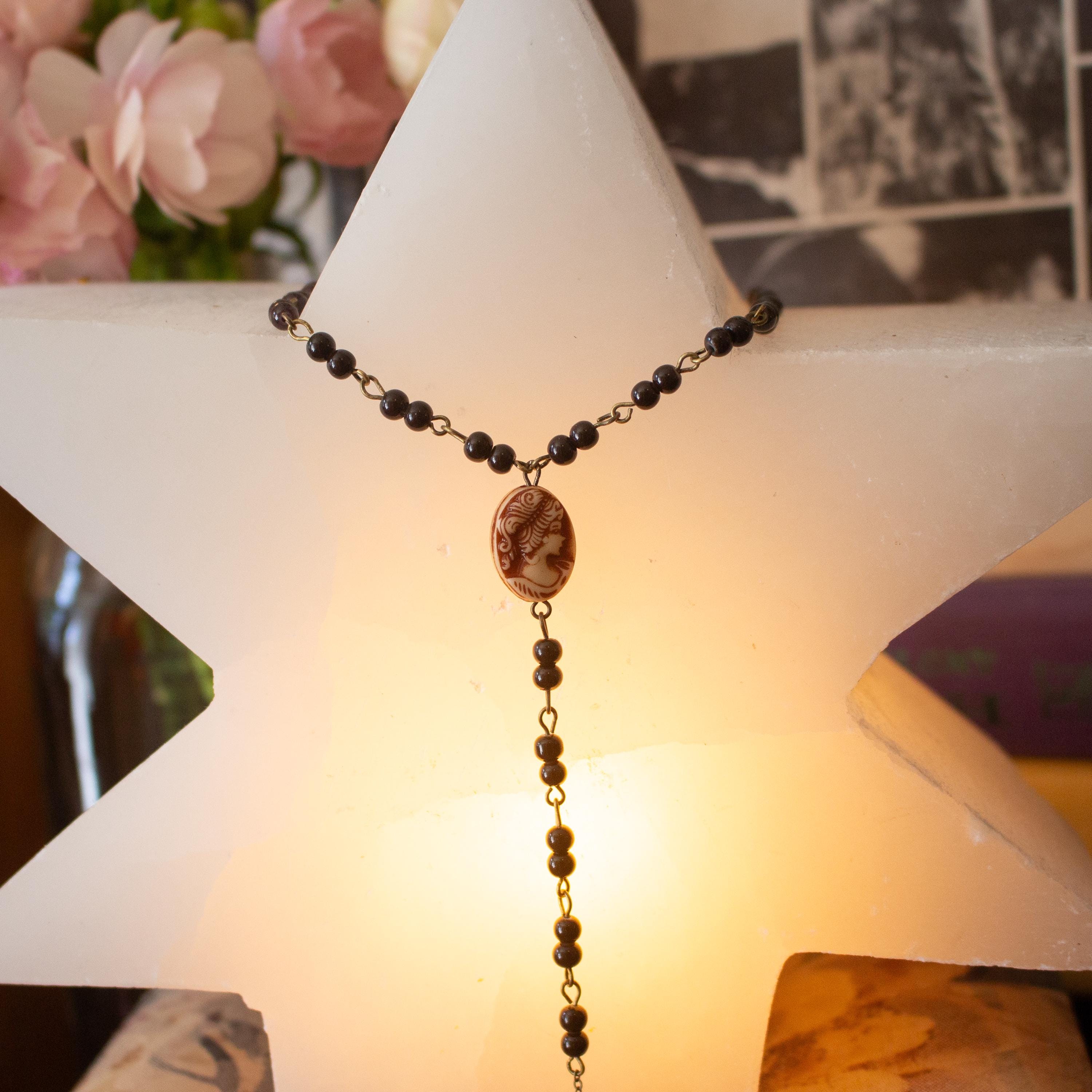 Vintage Inspired Beaded Rosary Y-Style Drop Necklace with Cameo Pendant – Gothic Victorian Statement Jewelry