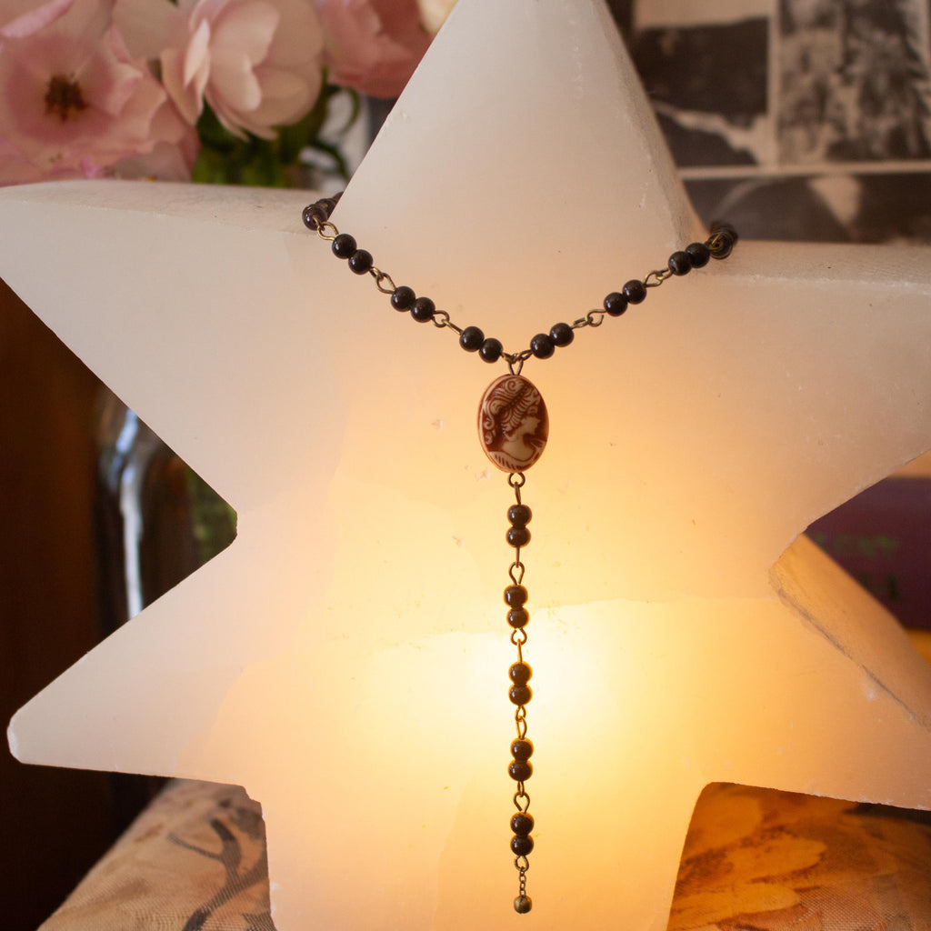 Vintage Inspired Beaded Rosary Y-Style Drop Necklace with Cameo Pendant – Gothic Victorian Statement Jewelry