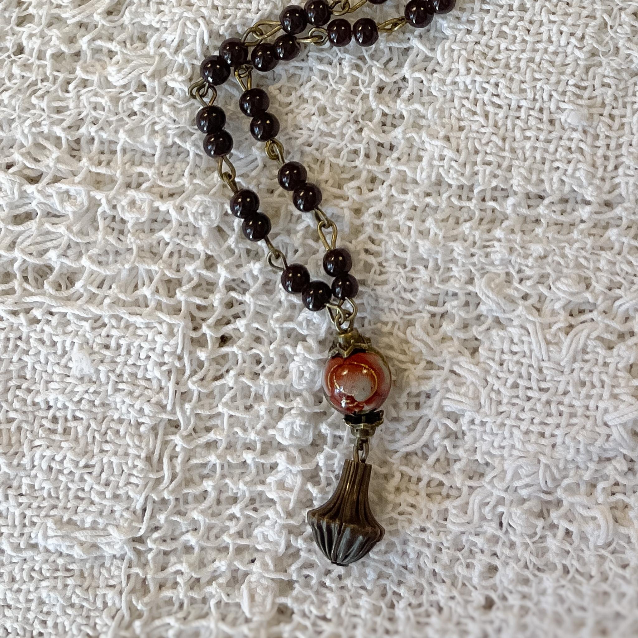 Hand Beaded Necklace with Vintage 60s Bead and Metal Drop Pendant – Retro Statement Jewelry