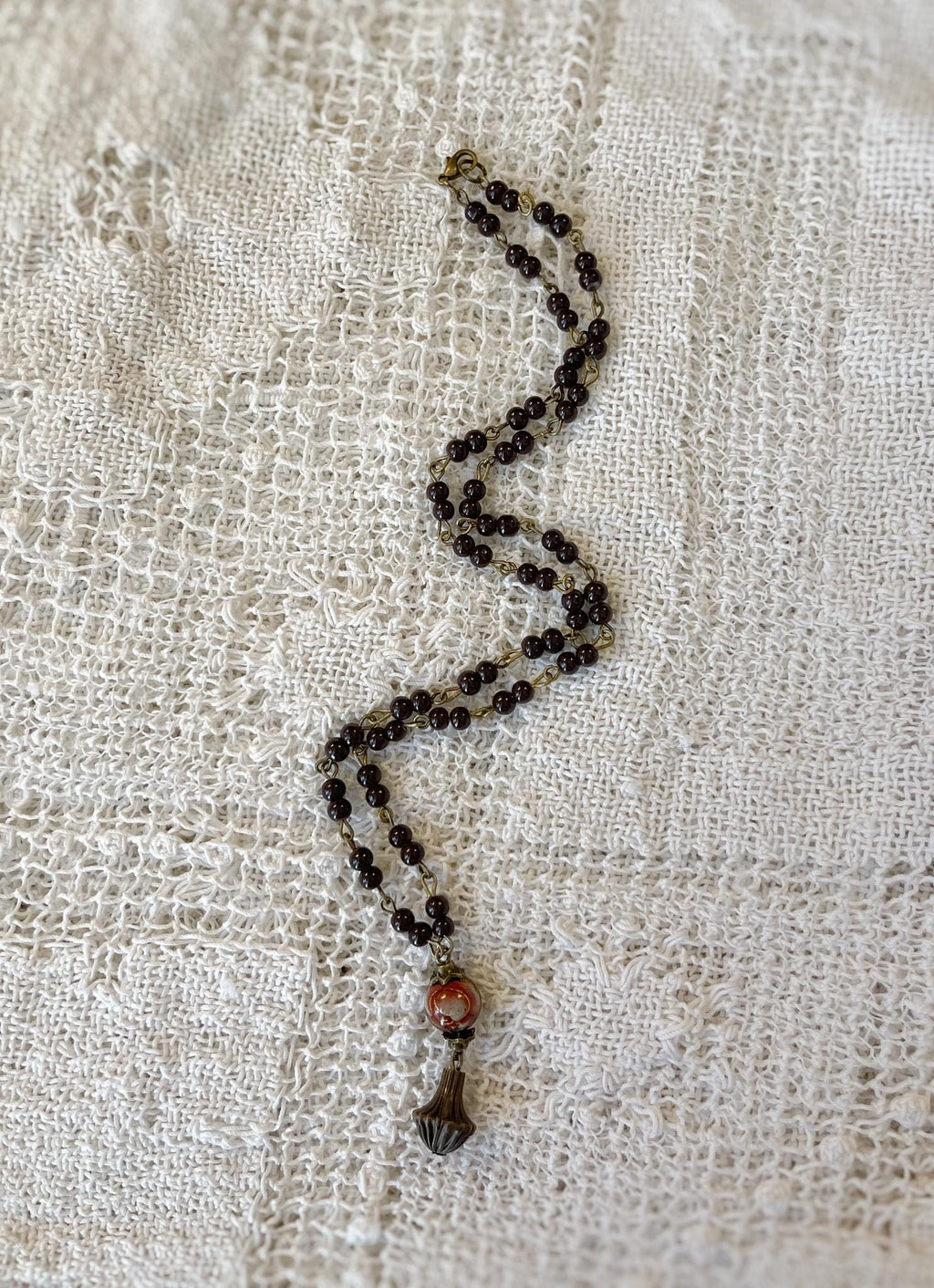 Hand Beaded Necklace with Vintage 60s Bead and Metal Drop Pendant – Retro Statement Jewelry