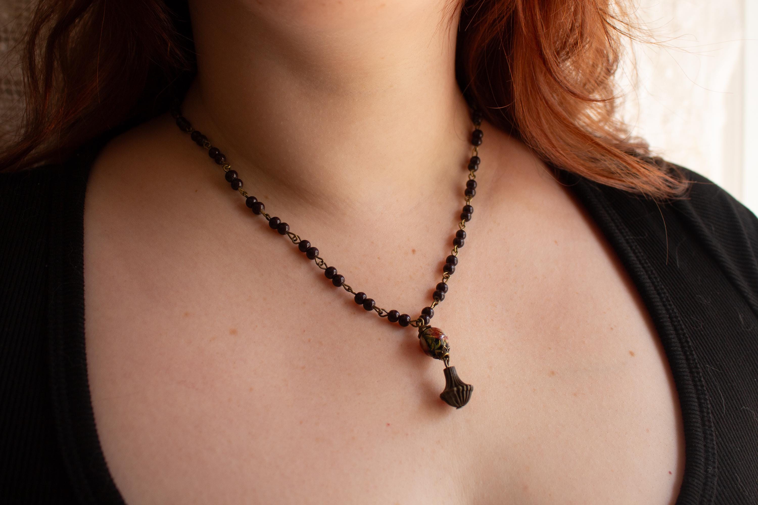 Hand Beaded Necklace with Vintage 60s Bead and Metal Drop Pendant – Retro Statement Jewelry