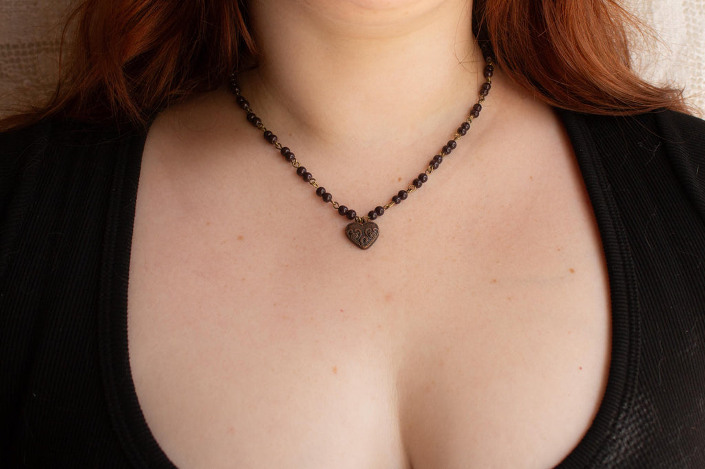 Vintage Inspired Hand Beaded Necklace with Vintage Heart Pendant – Romantic Statement Jewelry