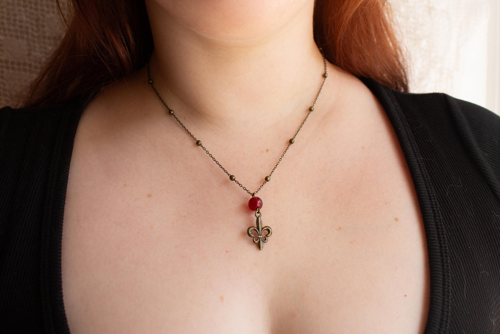 Vintage Inspired Bronze Chain Red Bead Fleur de Lis Necklace