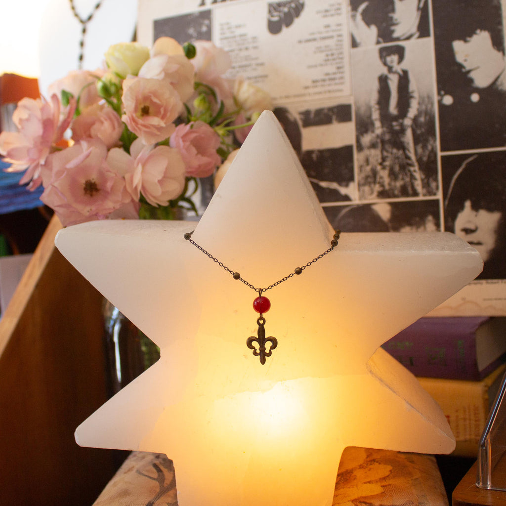 Vintage Inspired Bronze Chain Red Bead Fleur de Lis Necklace