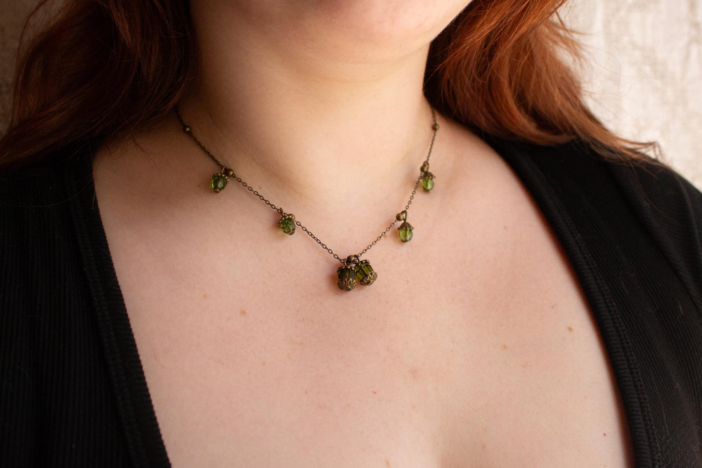 Vintage Inspired Bronze Necklace with Green Lantern-Inspired Drops