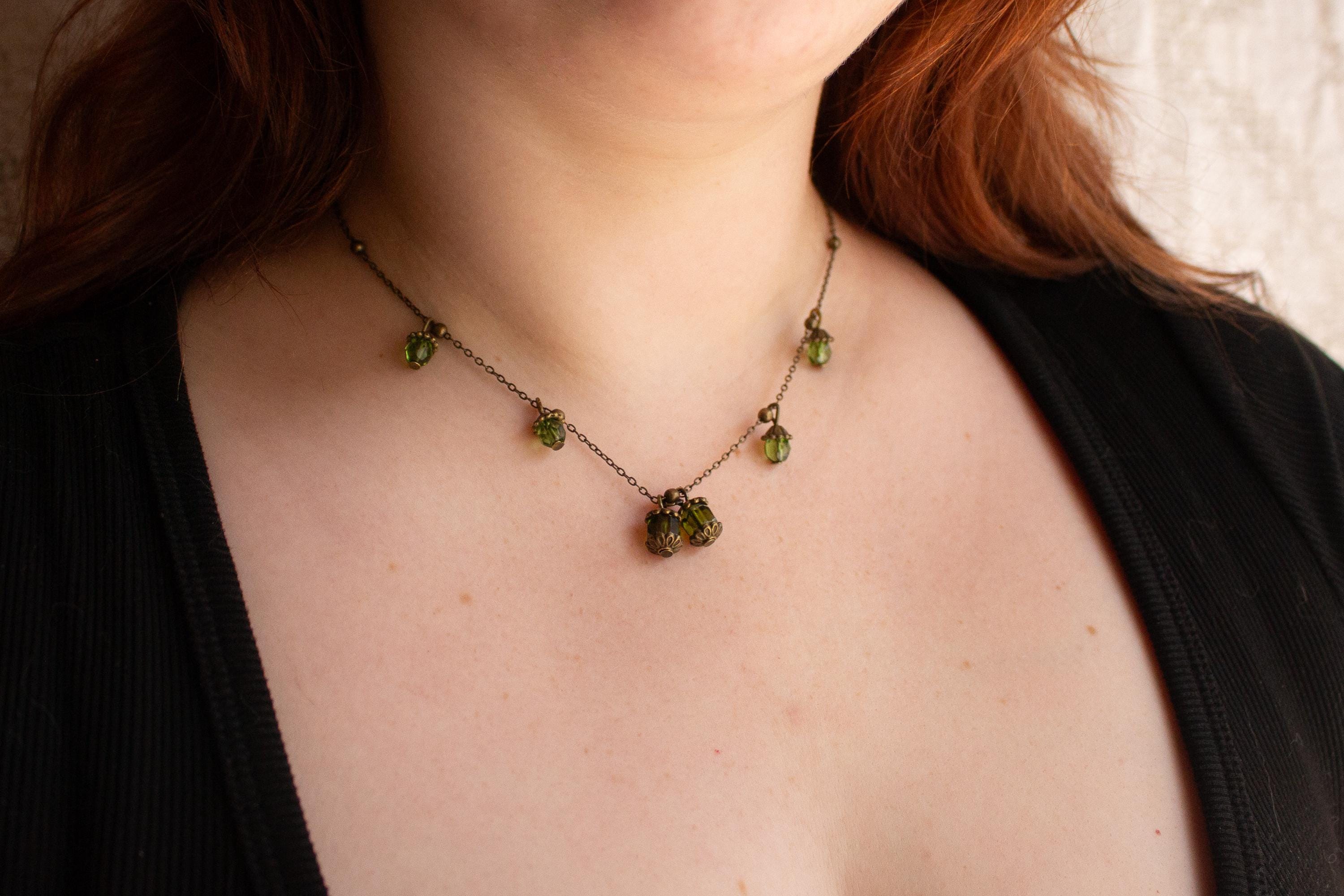 Vintage Inspired Bronze Necklace with Green Lantern-Inspired Drops