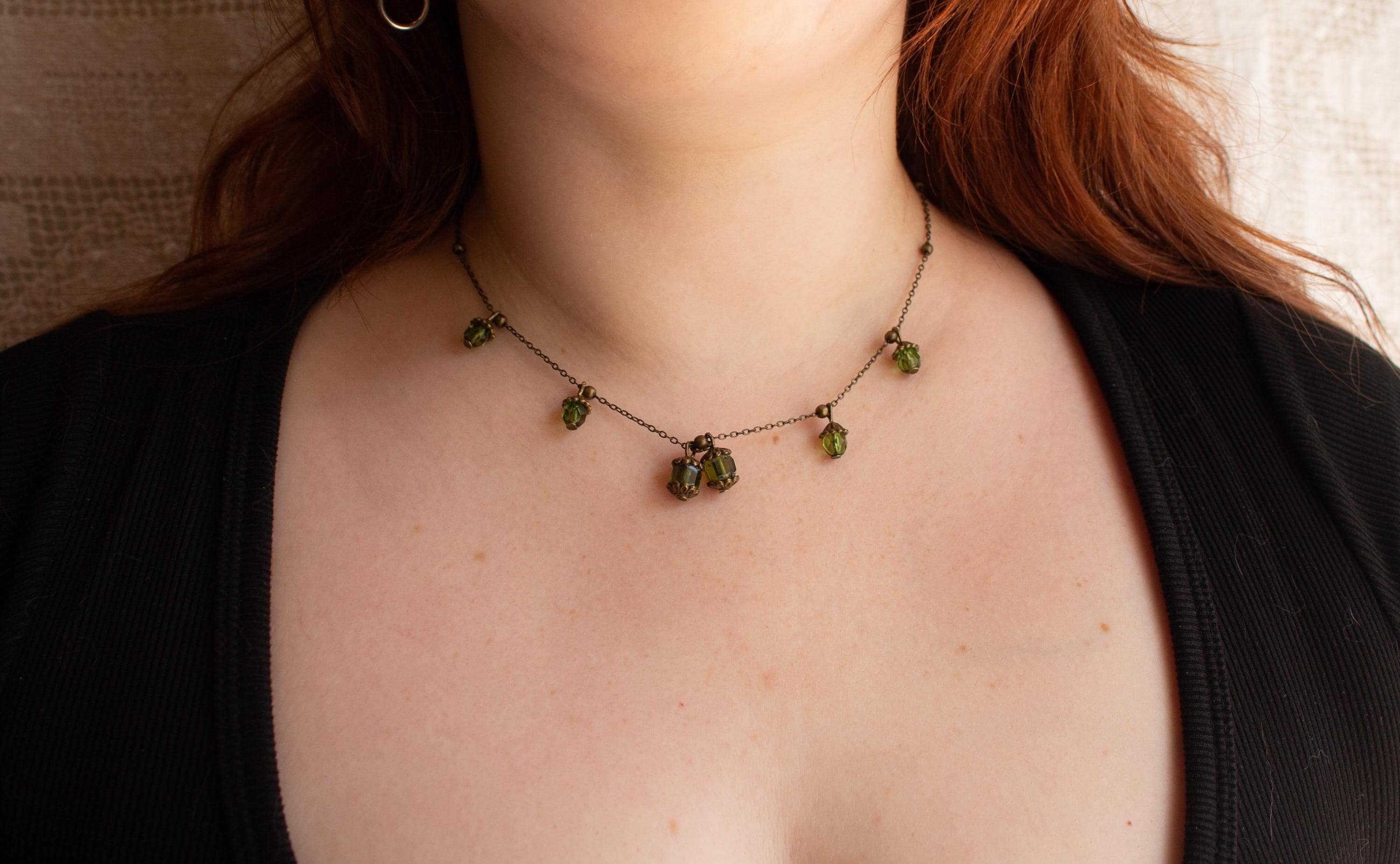 Vintage Inspired Bronze Necklace with Green Lantern-Inspired Drops