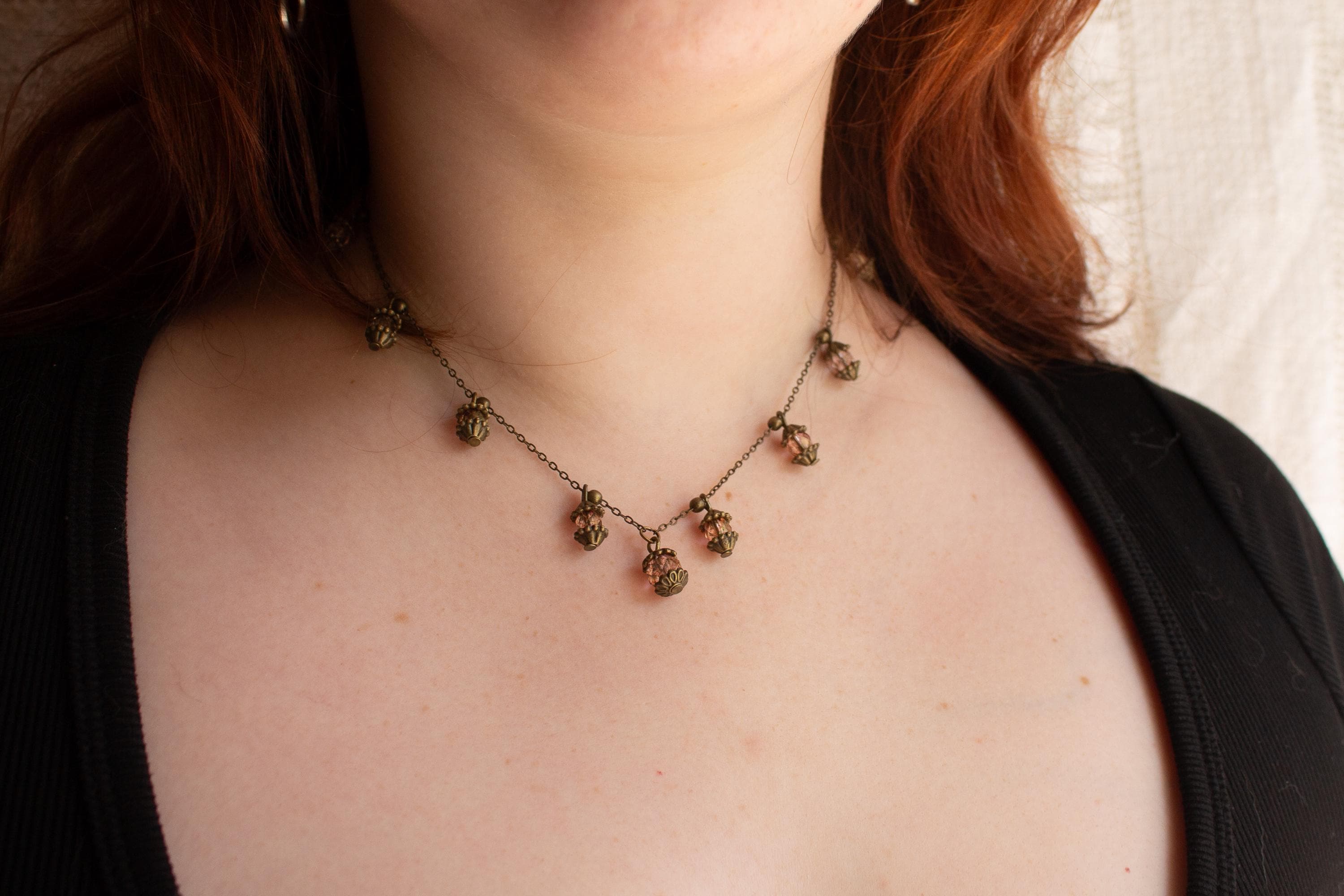 Vintage Inspired Bronze Necklace with Pink Lantern-Inspired Drops