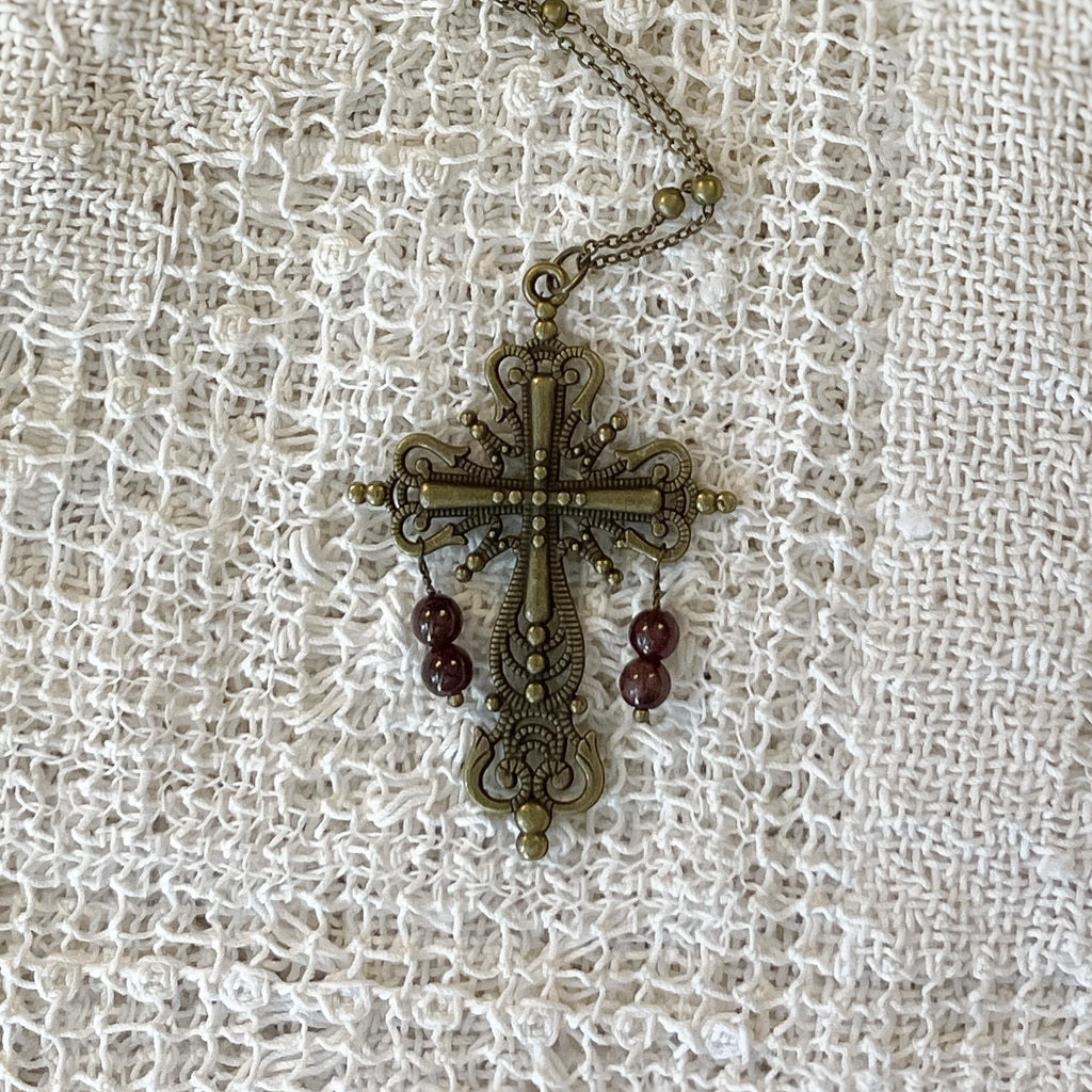 Vintage Inspired Bronze Cross Pendant Necklace With Garnet Bead Drops