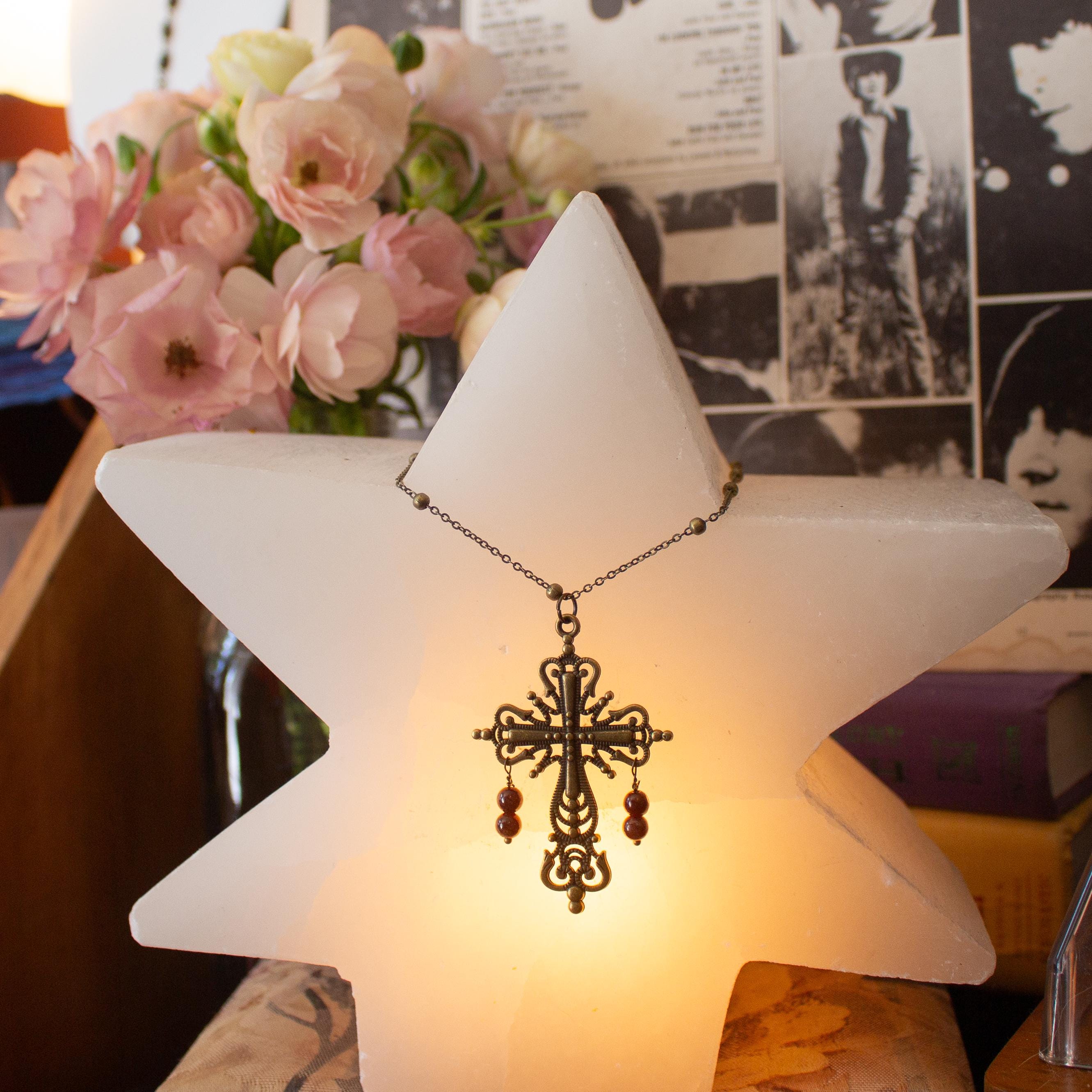 Vintage Inspired Bronze Cross Pendant Necklace With Garnet Bead Drops