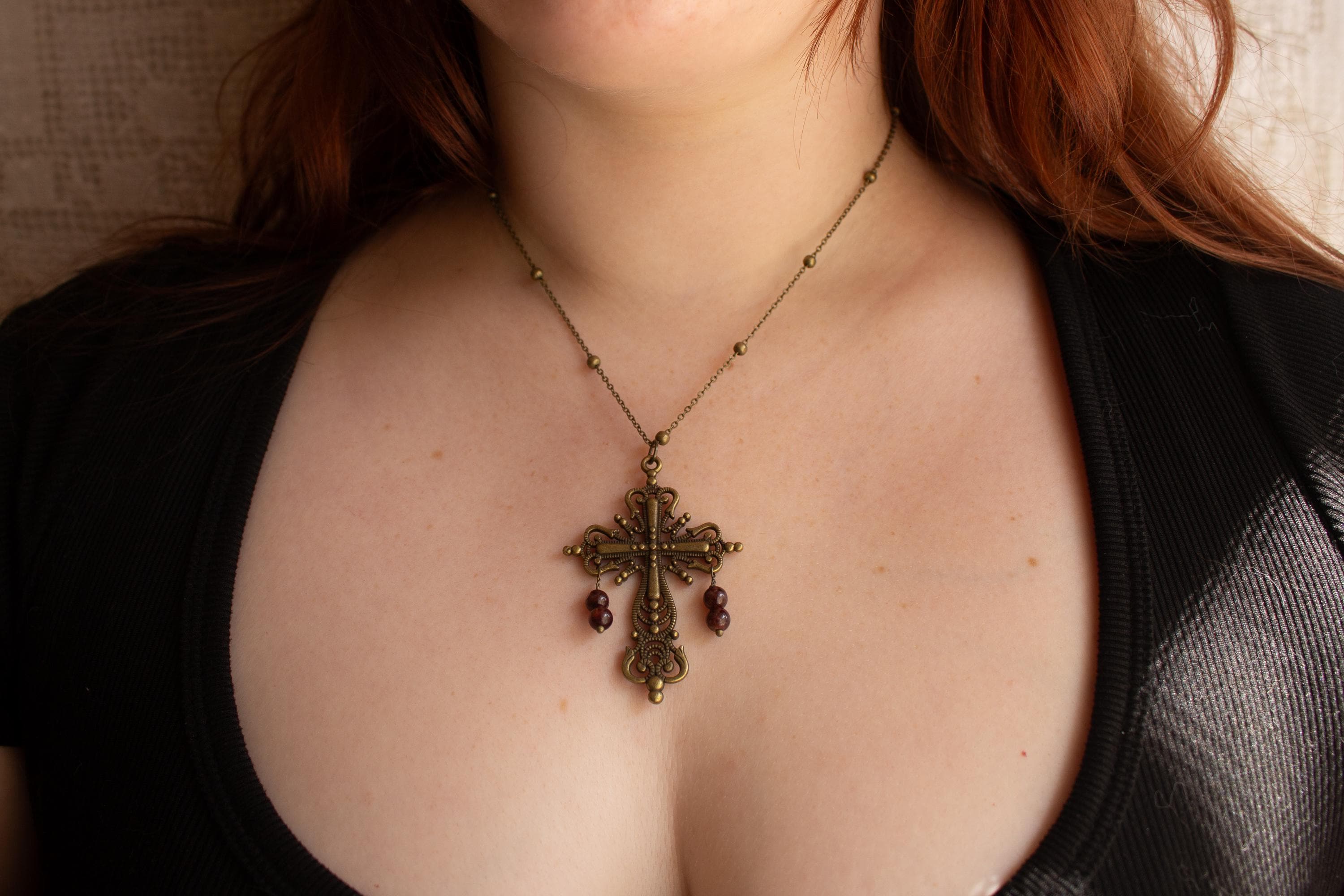 Vintage Inspired Bronze Cross Pendant Necklace With Garnet Bead Drops