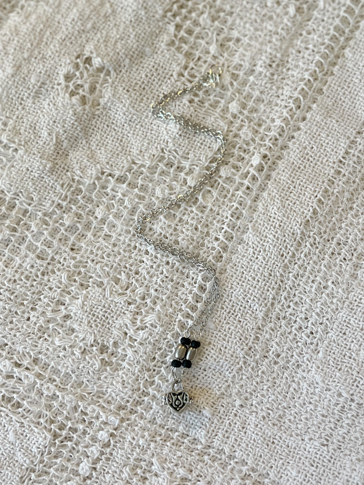 Sterling Silver Chain and Black Bead Locket Box Pendant Necklace