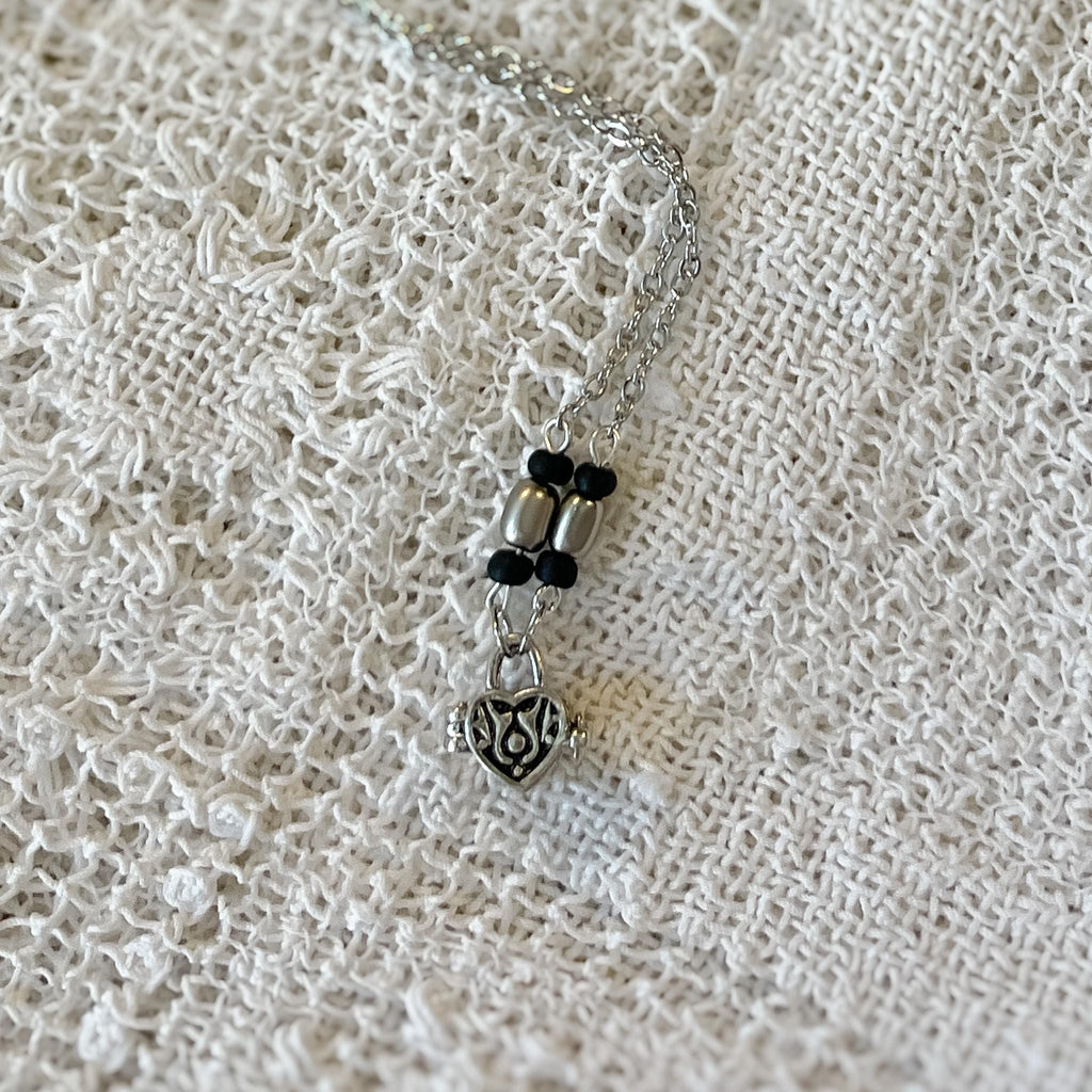 Sterling Silver Chain and Black Bead Locket Box Pendant Necklace