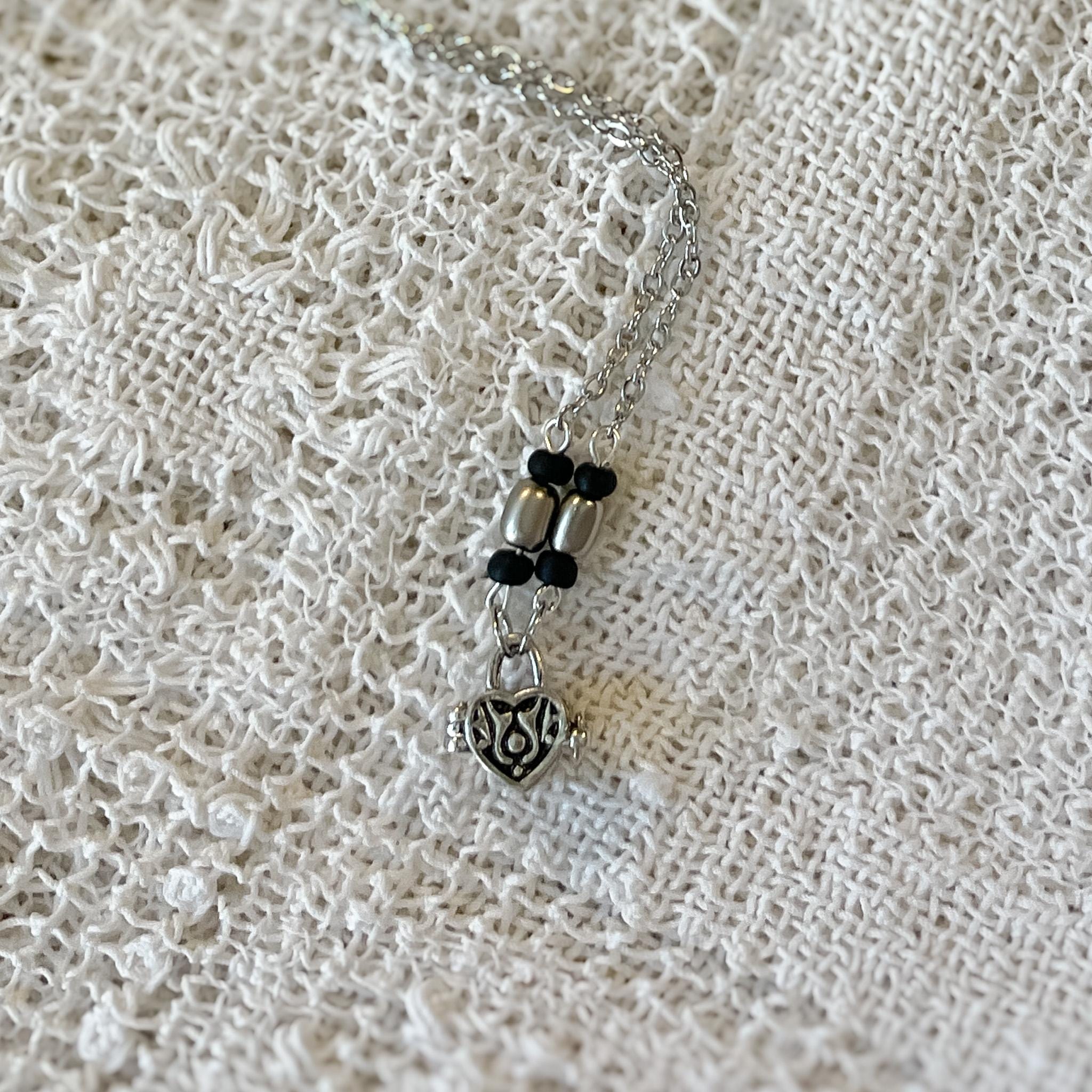 Sterling Silver Chain and Black Bead Locket Box Pendant Necklace